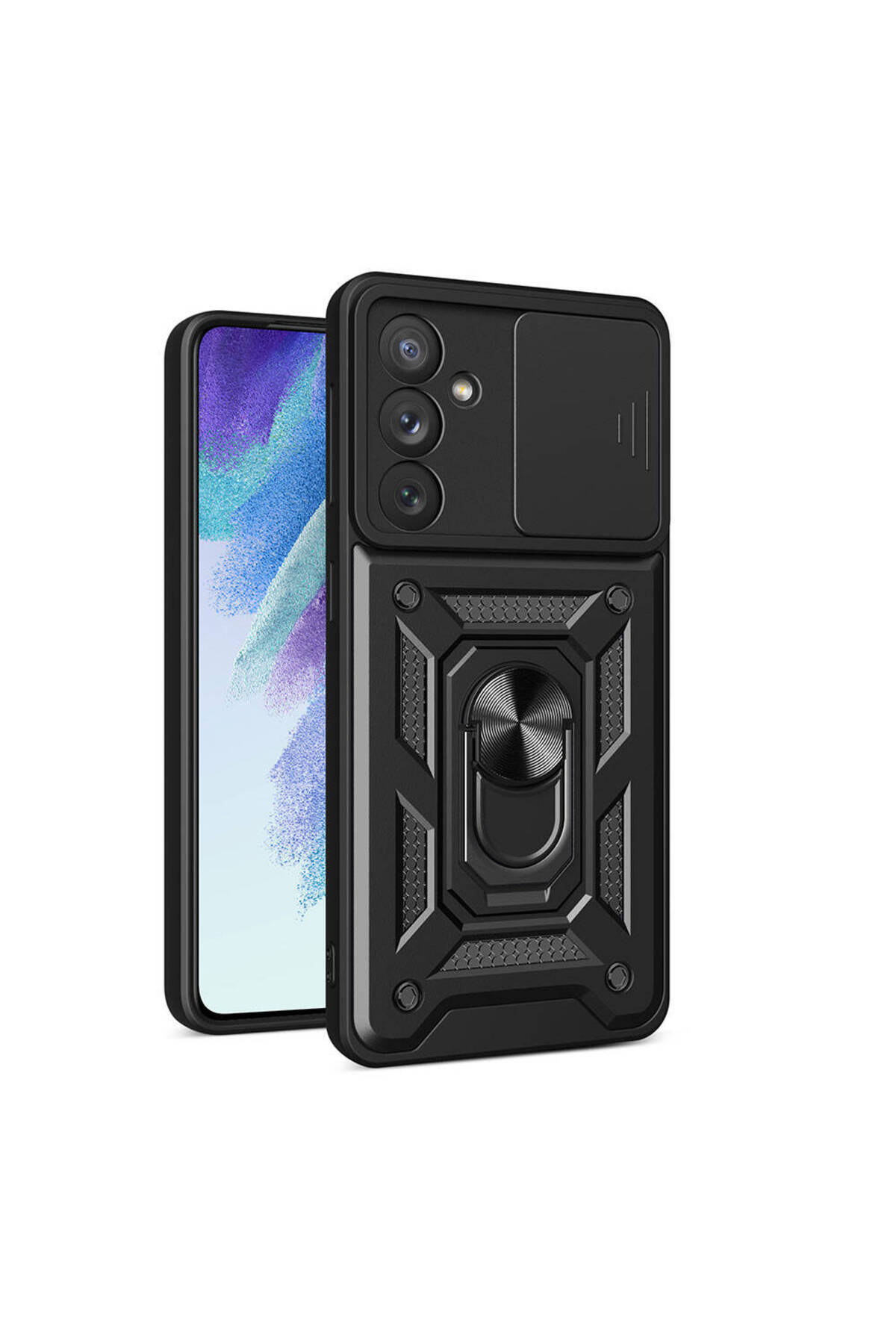 Samsung Galaxy A54 Kapak Lens Sürgülü Kamera Korumalı Yüzüklü Stantlı Tank Kılıf - Siyah