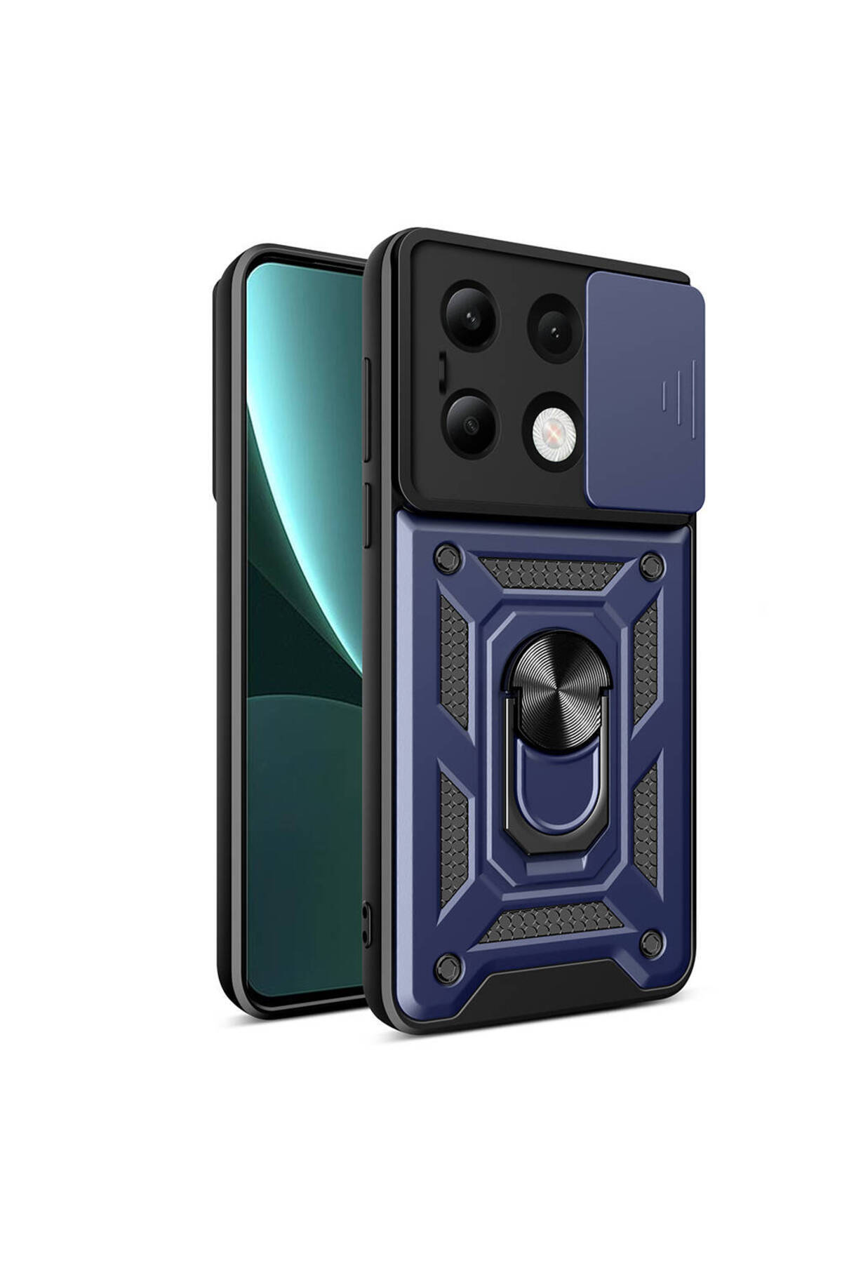 Xiaomi Redmi Note 13 4G Kapak Lens Sürgülü Kamera Korumalı Yüzüklü Stantlı Tank Kılıf - Lacivert