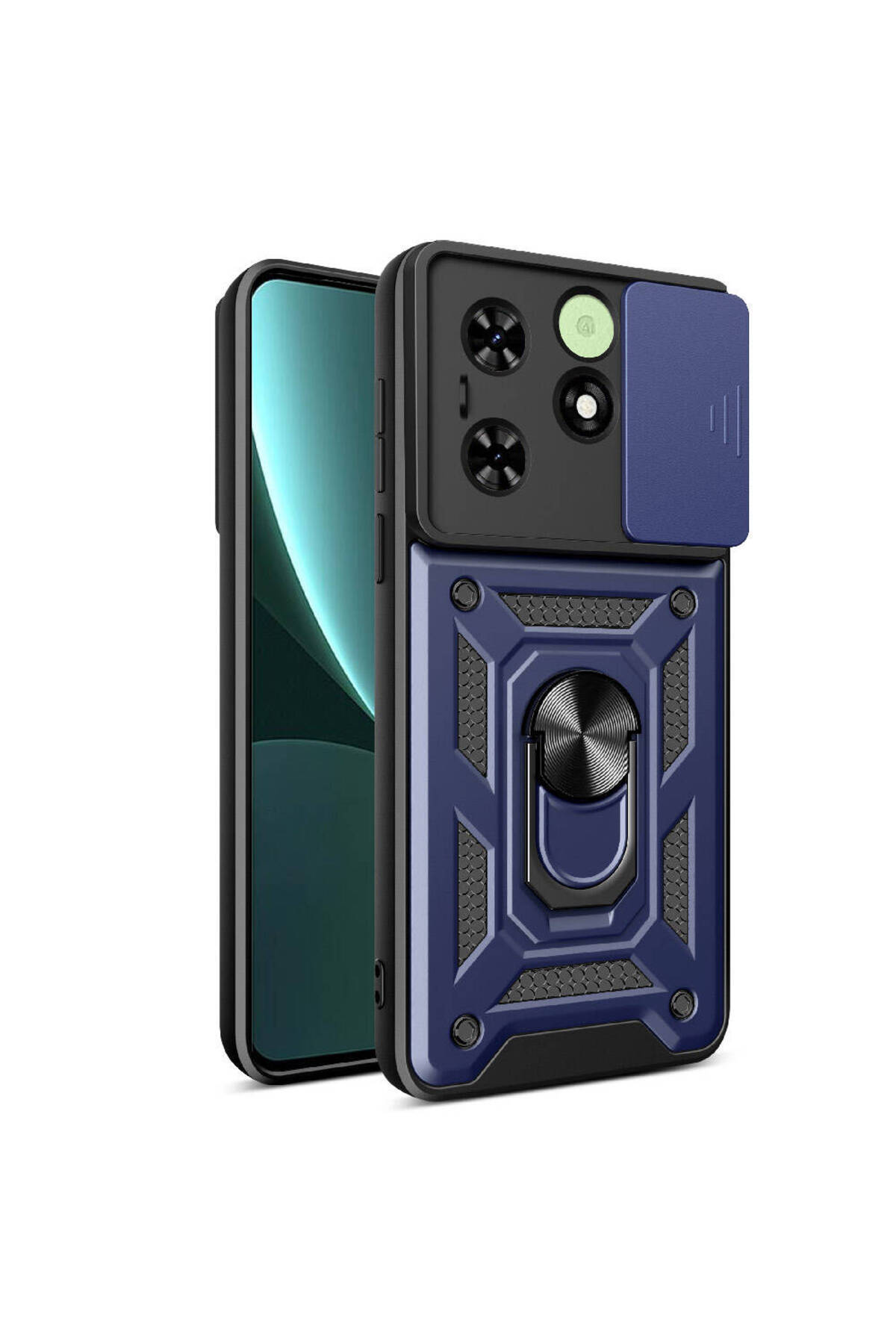 Tecno Spark 20C Kapak Lens Sürgülü Kamera Korumalı Yüzüklü Stantlı Tank Kılıf - Lacivert