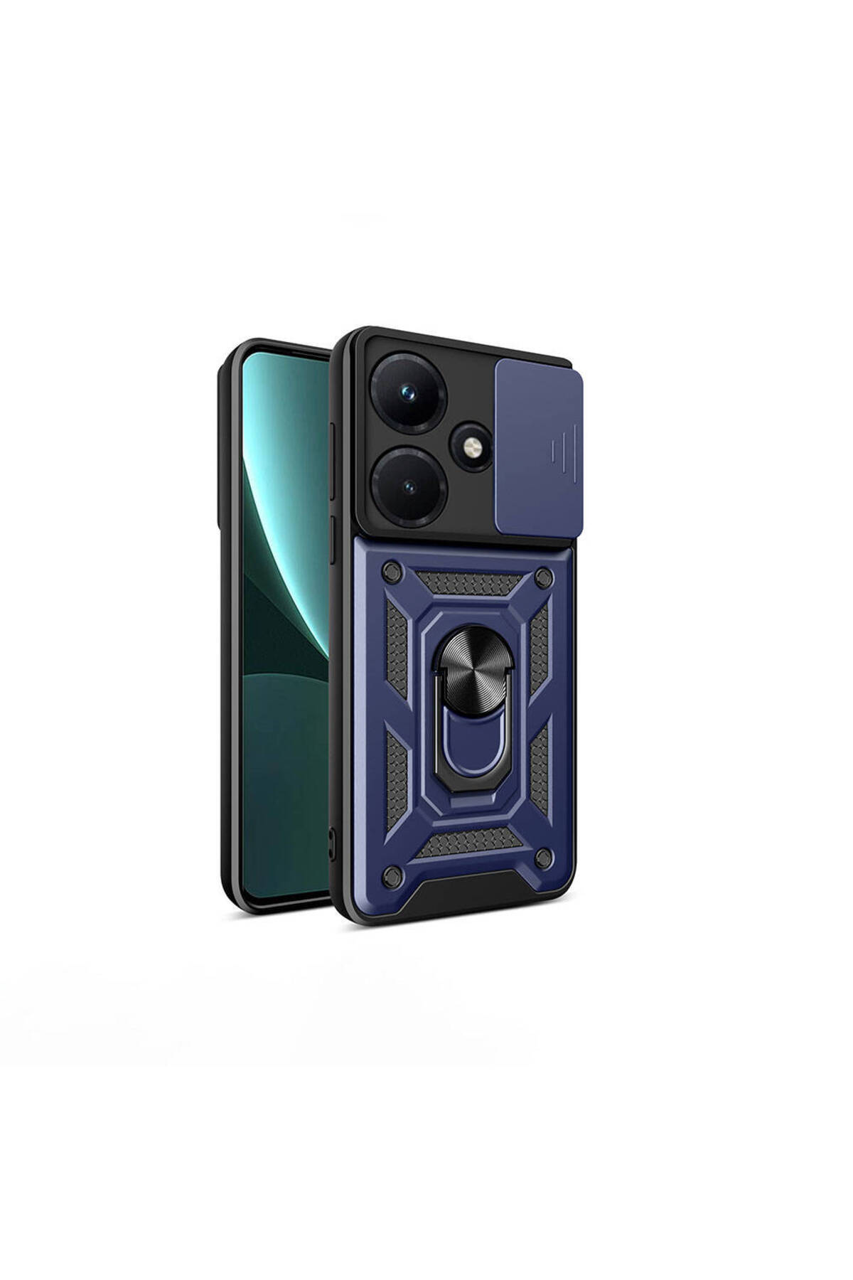 İnfinix Hot 30i Kapak Lens Sürgülü Kamera Korumalı Yüzüklü Stantlı Tank Kılıf - Lacivert