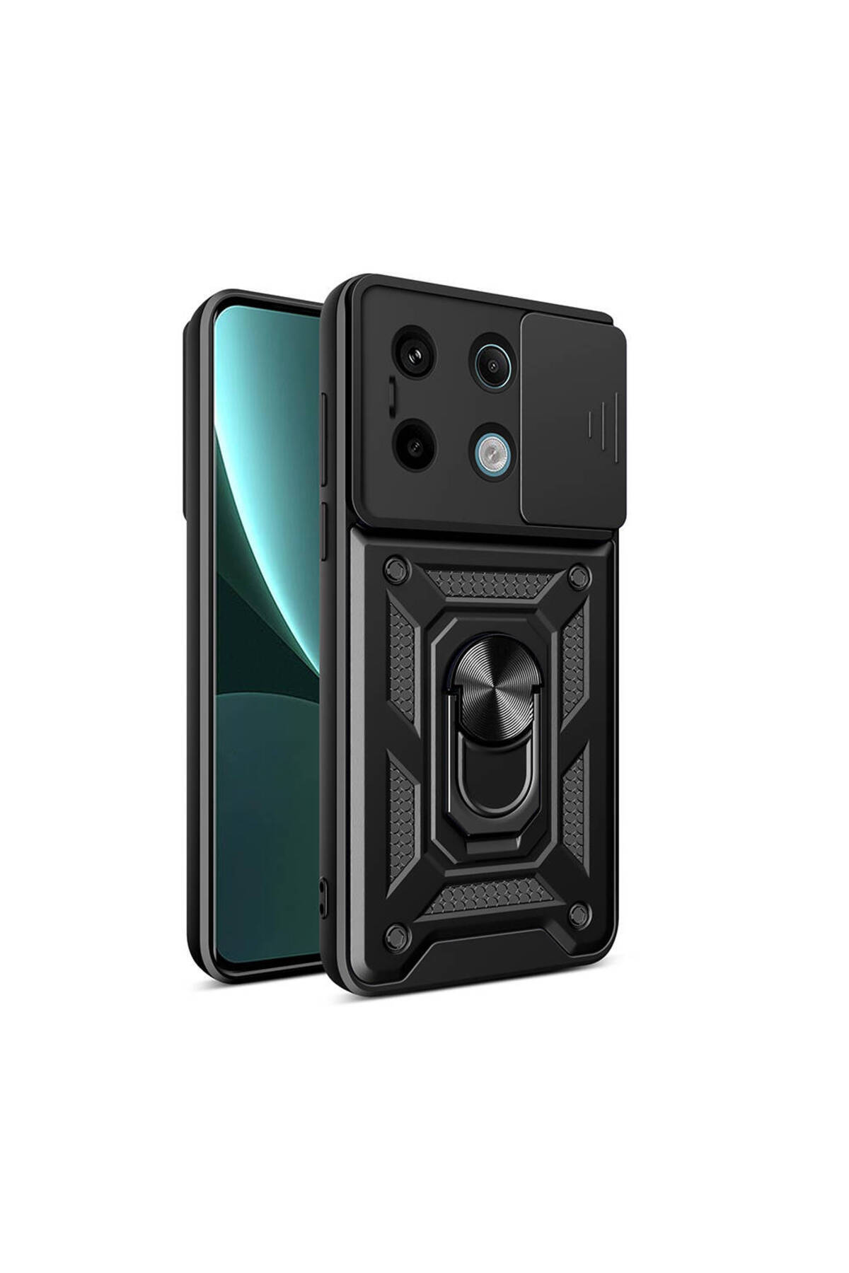 Xiaomi Redmi Note 13 Pro 5G Lens Sürgülü Kamera Korumalı Yüzüklü Stantlı Tank Kılıf - Siyah