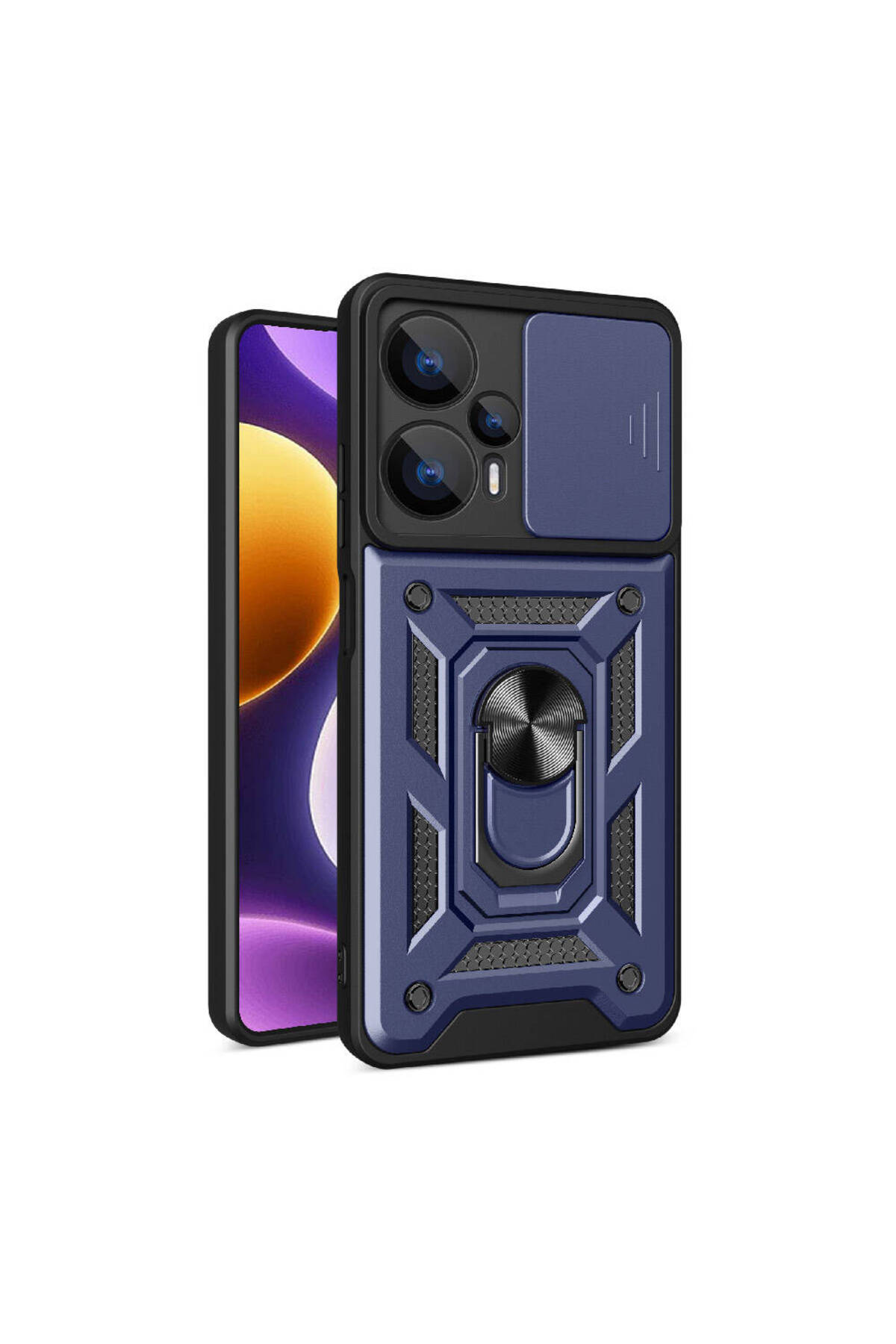 Xiaomi Poco F5 Kapak Lens Sürgülü Kamera Korumalı Yüzüklü Stantlı Tank Kılıf - Lacivert