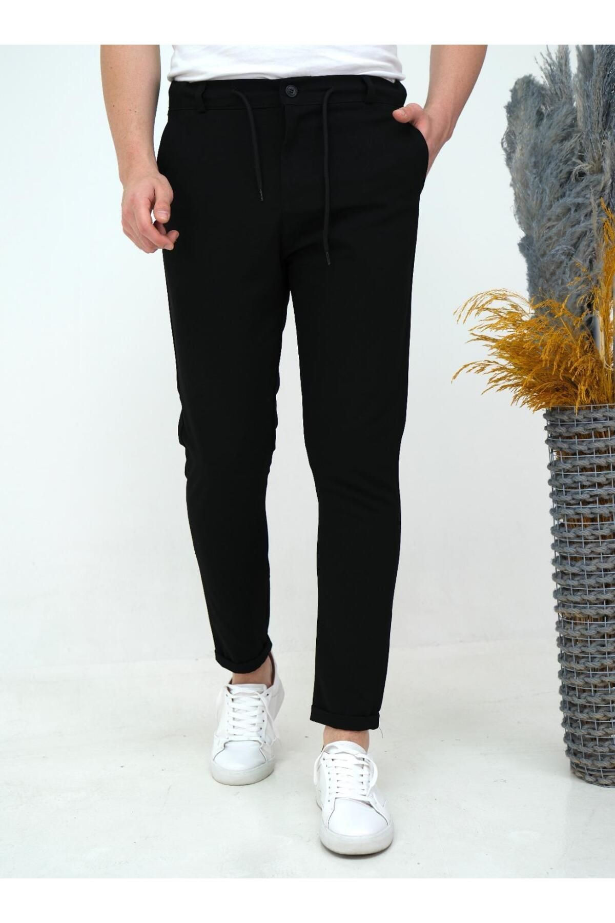 Men's Black Elastic Waist Lace-Up Double Leg Regular Jogger Pants