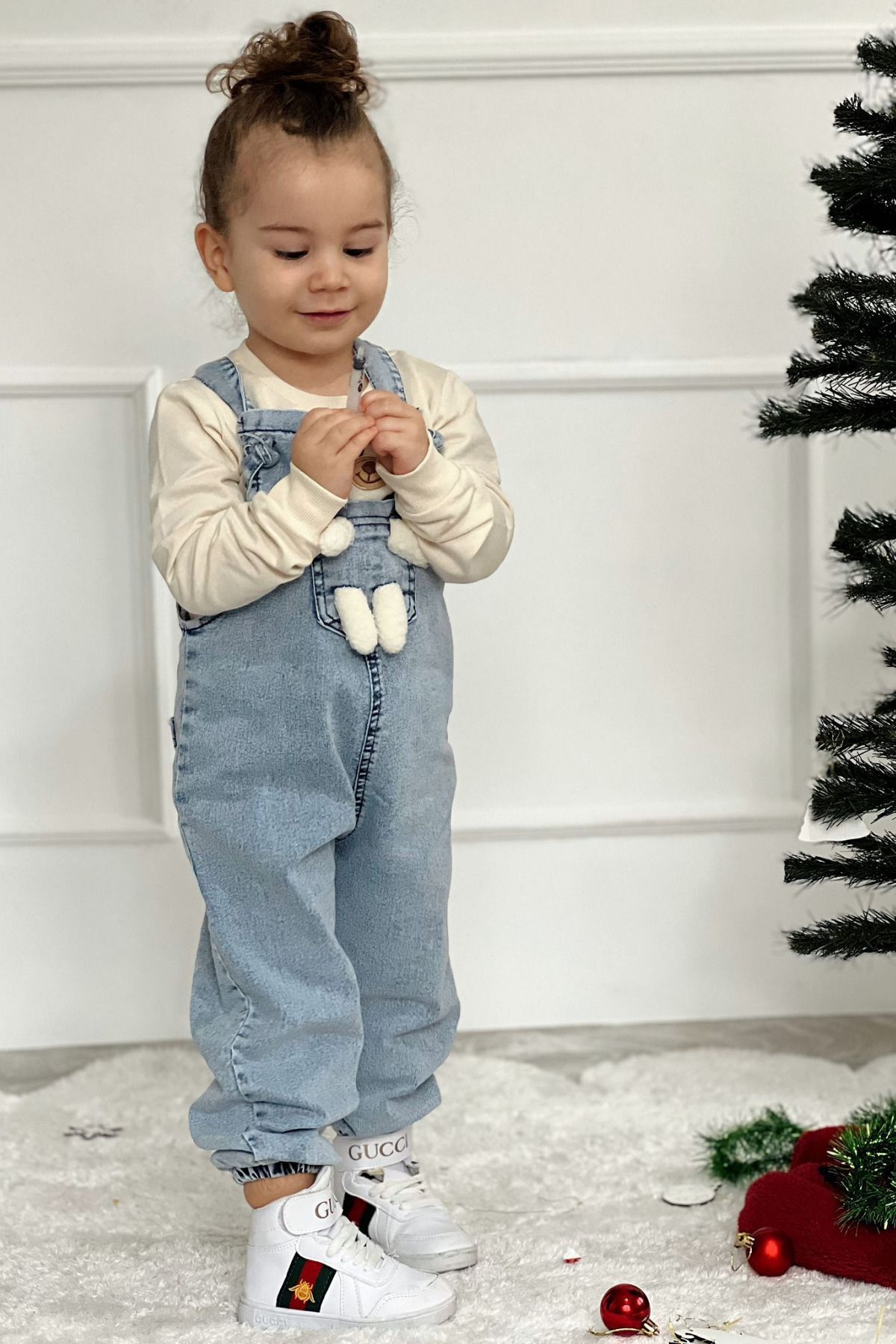 Pollito Unisex Çocuk Askısı Bağlamalı Teddy Oyuncaklı 2'li Mavi Kot Salopet fotoğrafı 2 (önizleme)