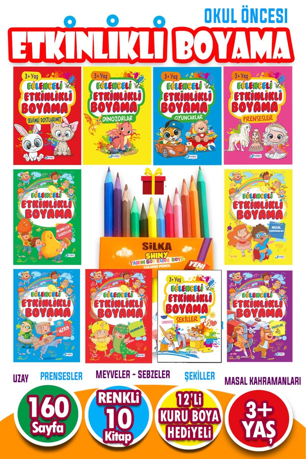 Harika Çocuk Yayınları 12 Adet Kuru Boya Hediyeli 10 Kitaplı Eğitici Ve Etkinlikli Boyama Seti