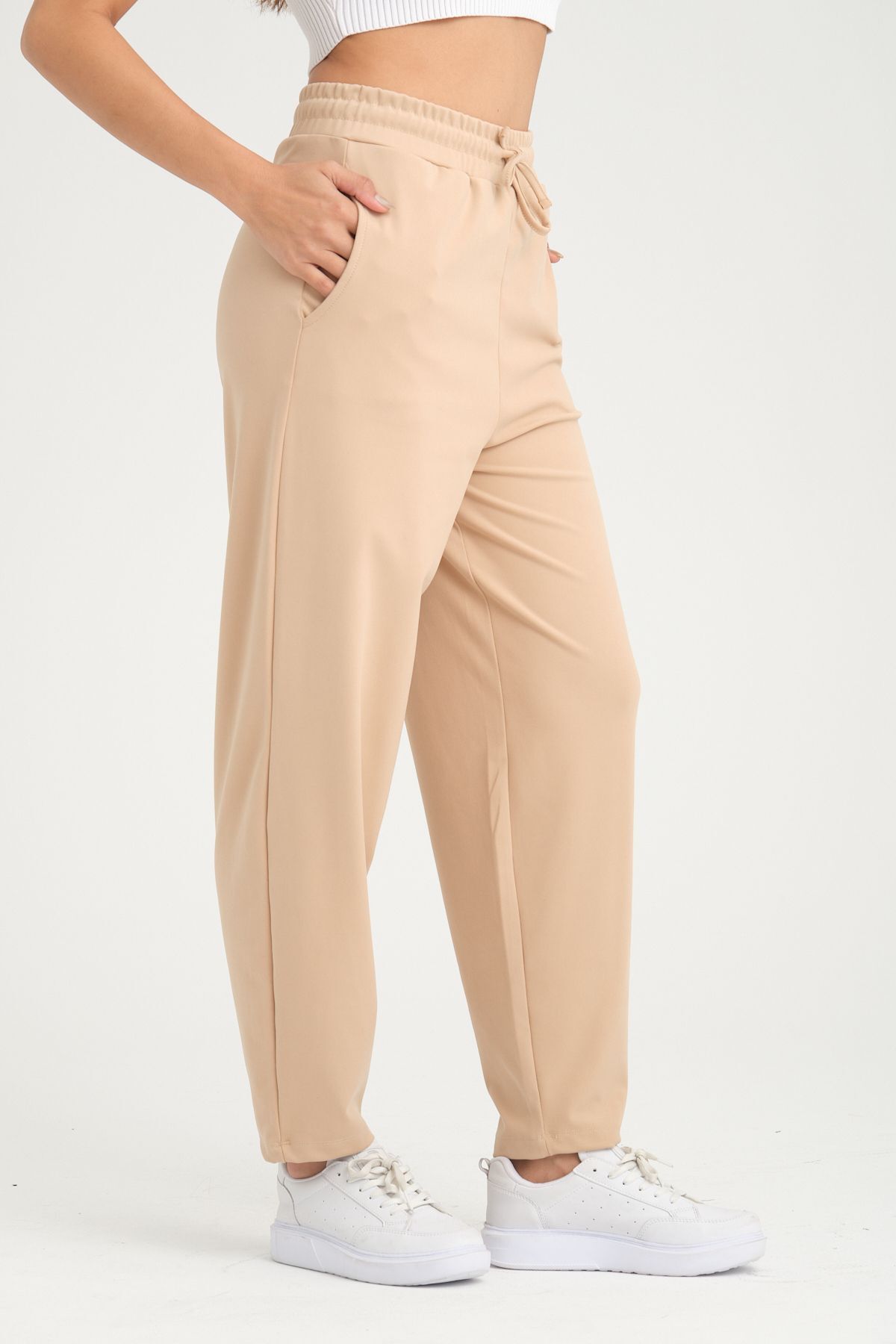 ESPİNA-Pantaloni de scuba tricotați largi din țesătură elastică, morcov, Shalwar Ecru 4