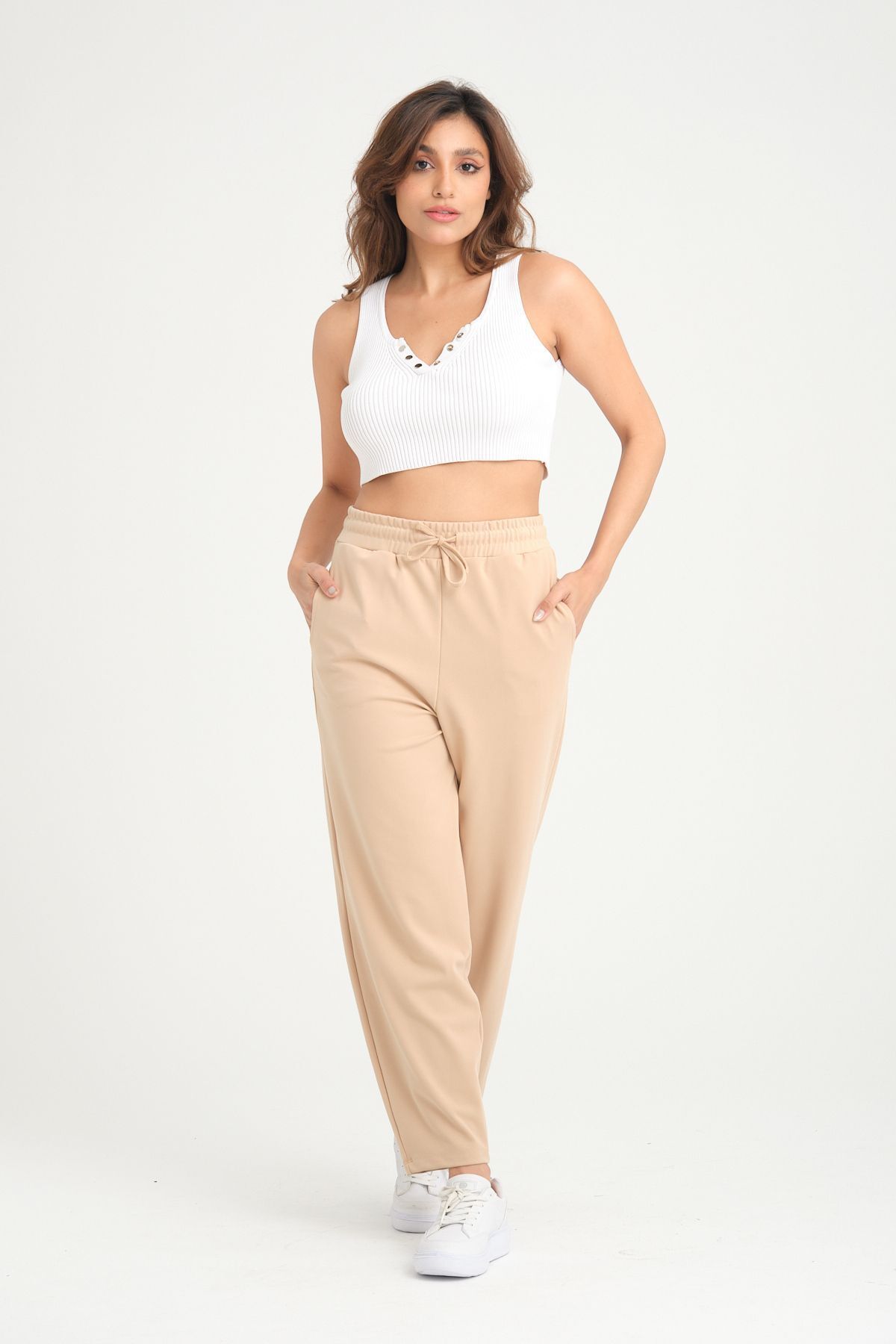 ESPİNA-Pantaloni de scuba tricotați largi din țesătură elastică, morcov, Shalwar Ecru 3