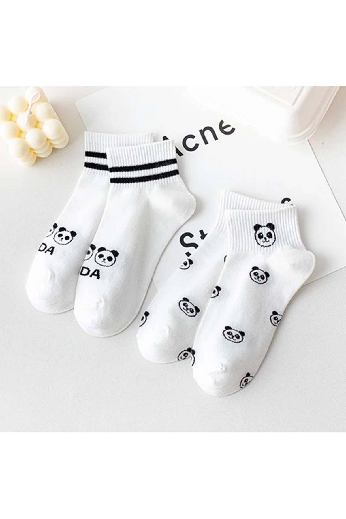 çorapmanya 5 Çift Dikişsiz Panda Desenli Siyah Beyaz Unisex Kolej Tenis Çorap görsel 6