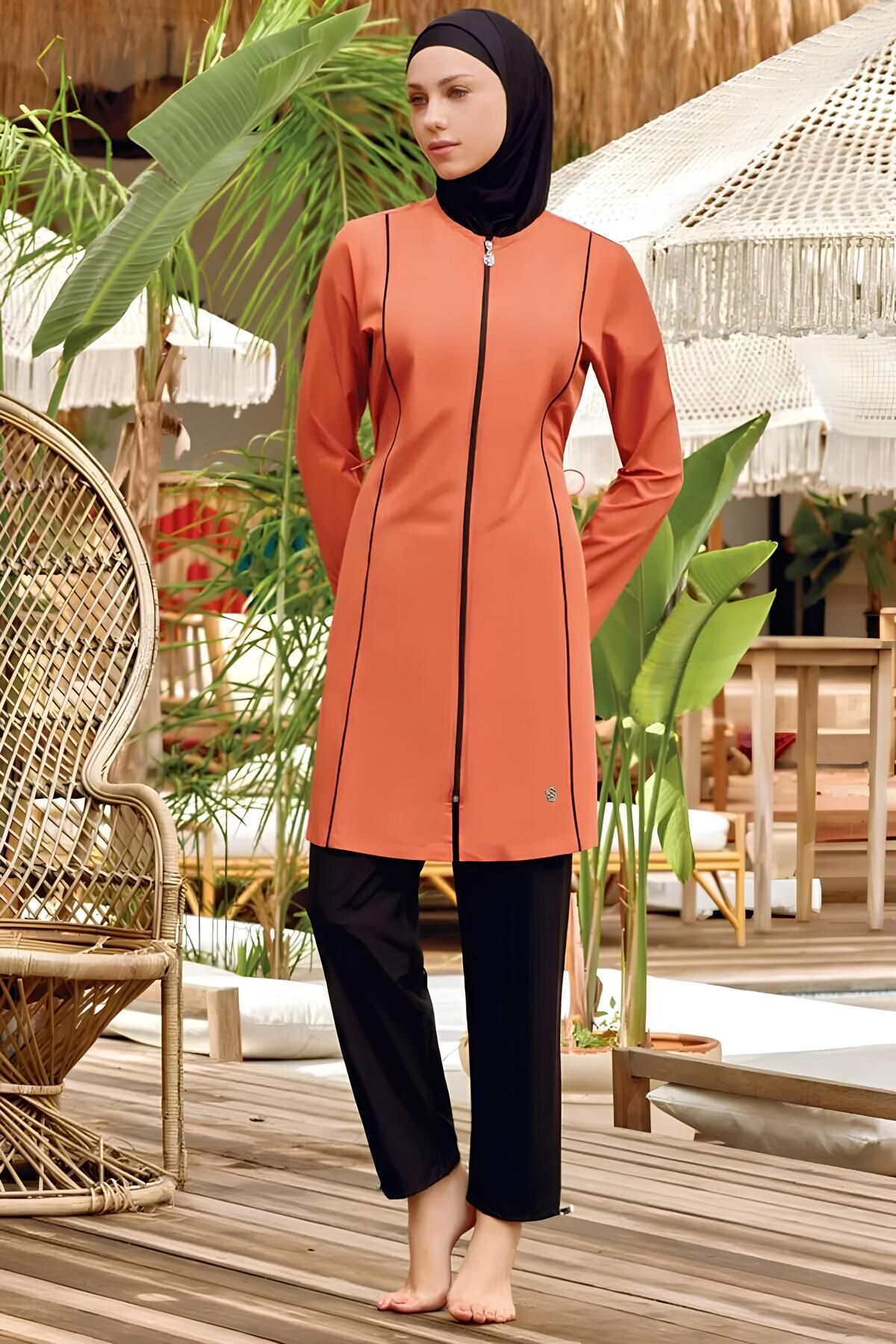 Women's Front Zipper Cinnamon Plus Size Parachute Full Closed Modest Swimwear