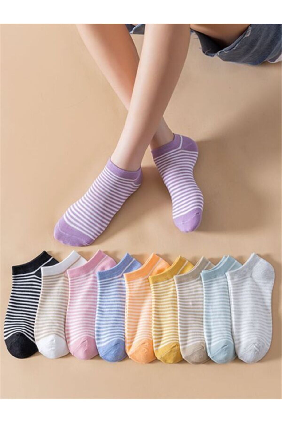 Sky Socks 10'lu Çizgili Renkli Patik Ekonomik Paket Unisex Kısa Spor Sneakers Çorap