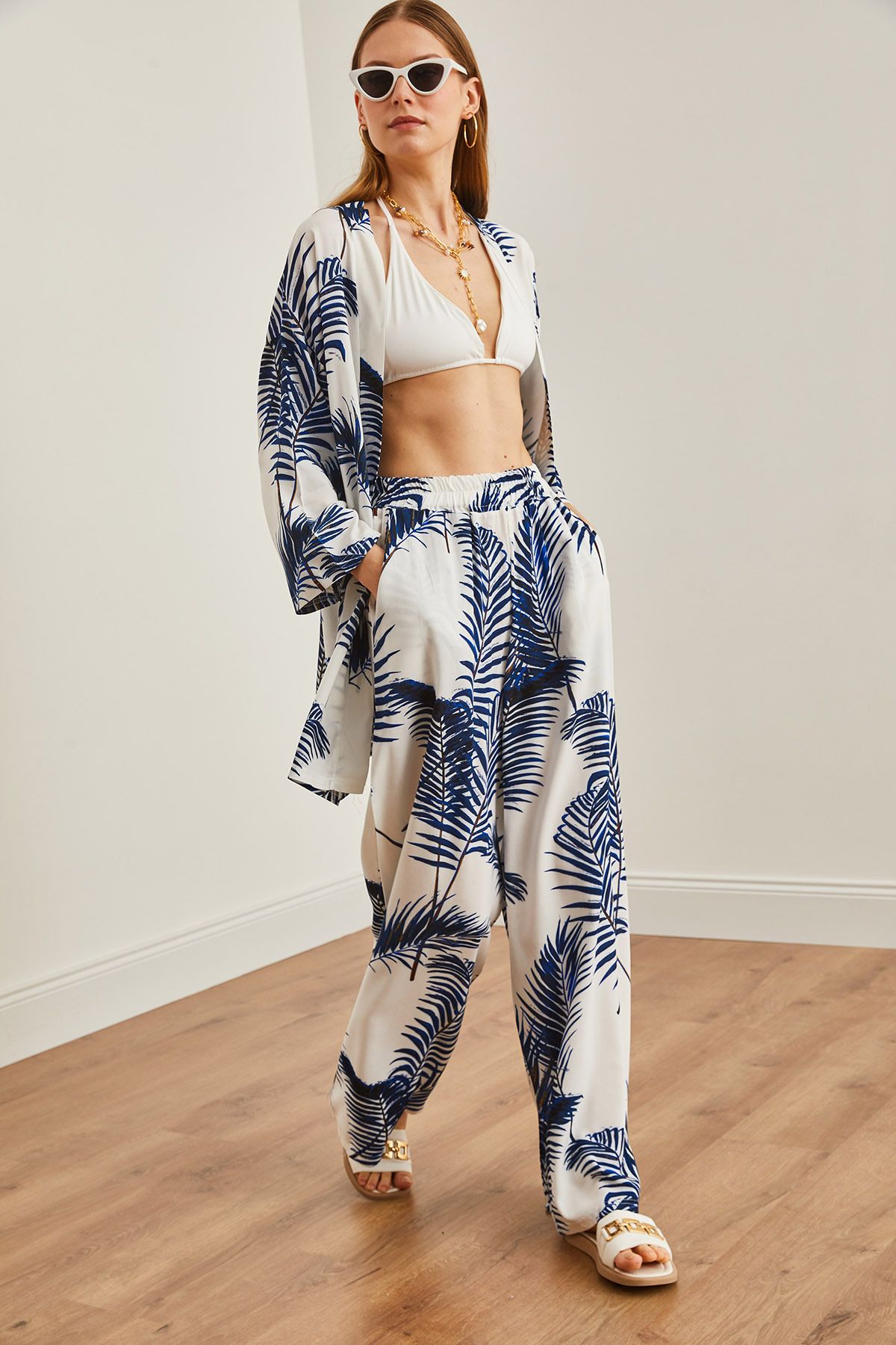 Olalook-Λευκό Navy Blue Kimono and Palazzo Pants - TKM-19000293 6