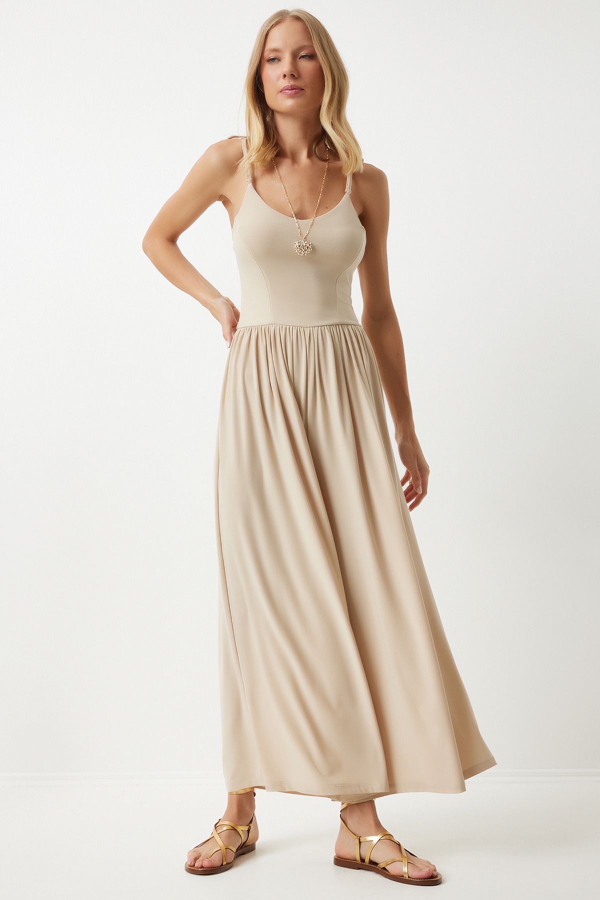 Happiness İstanbul-Cream Colored Strappy Wide Leg Summer Jumpsuit - DD01328 2