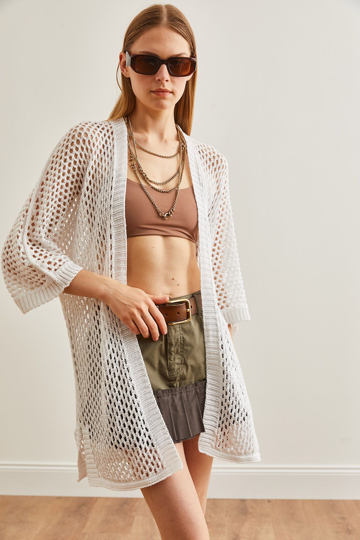 Olalook White Mesh Summer Cardigan Side Slit HRK 19000289 Trendyol