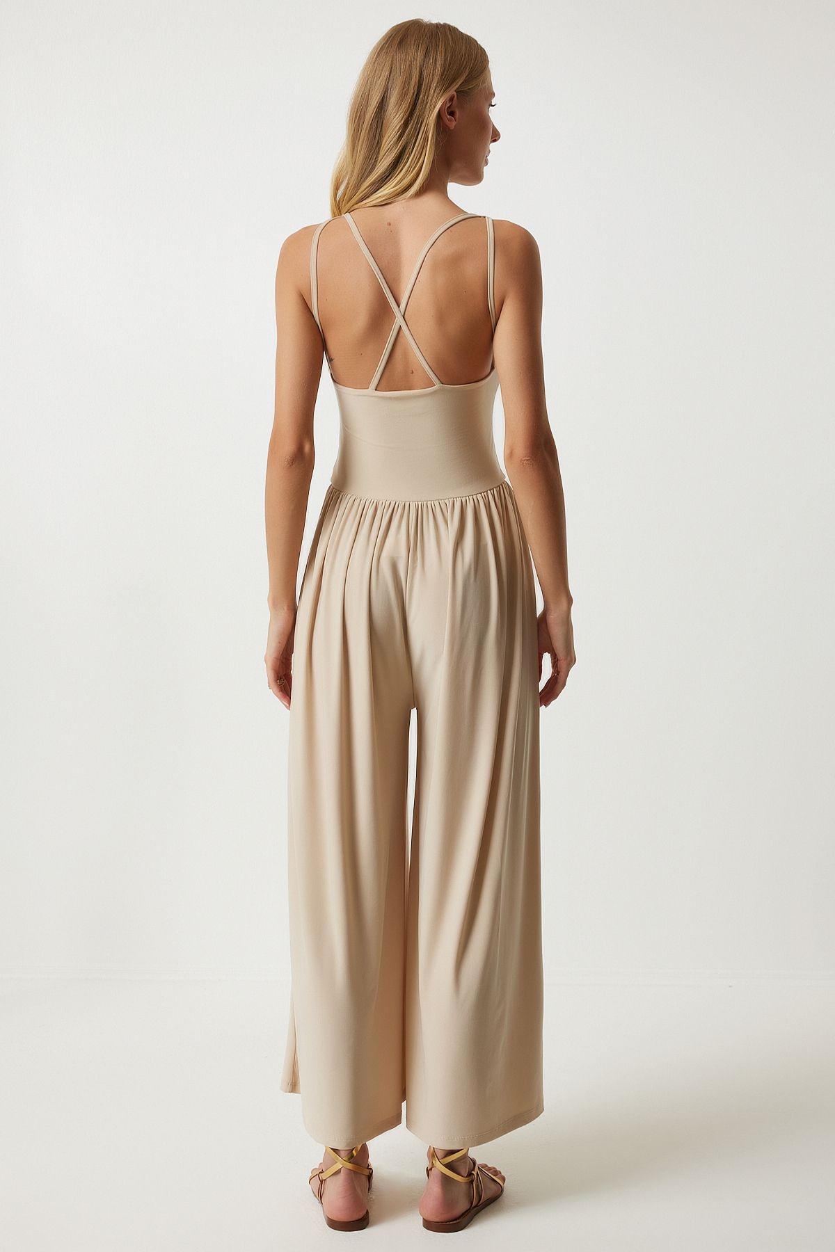 Happiness İstanbul-Cream Colored Strappy Wide Leg Summer Jumpsuit - DD01328 8