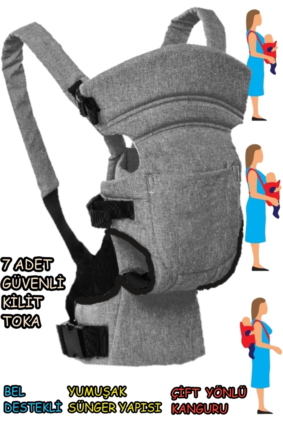 USF Çift Yönlü Bel Destekli Bebek Taşıma Kangurusu Anne Bebek Bakım Çantası 2 Li Set Gri fotoğrafı 2 (önizleme)
