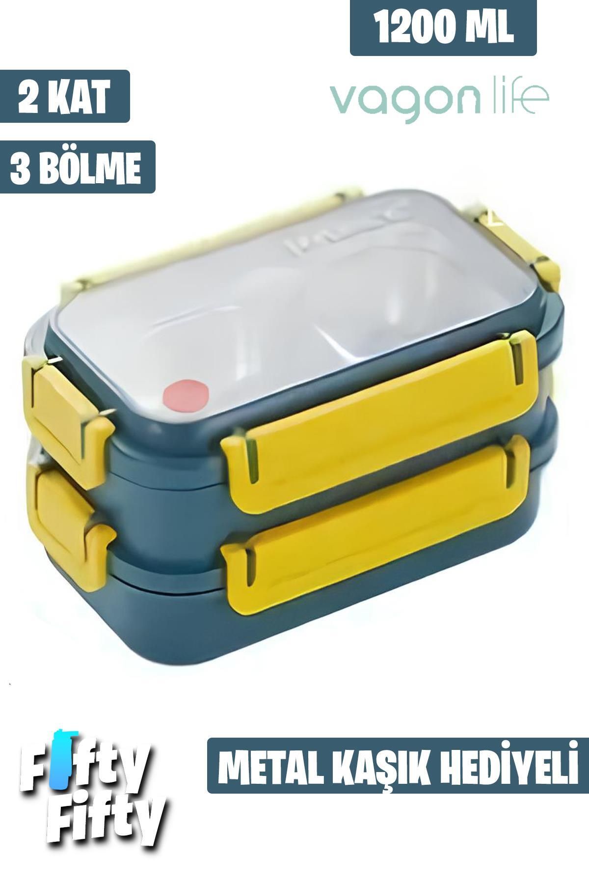 ست ظروف کمپینگ آبی جعبه ناهار 1200 میل دو شناور سه قسمت از فولاد ضدزنگ فلزی FFLBOX2215 Vagonlife