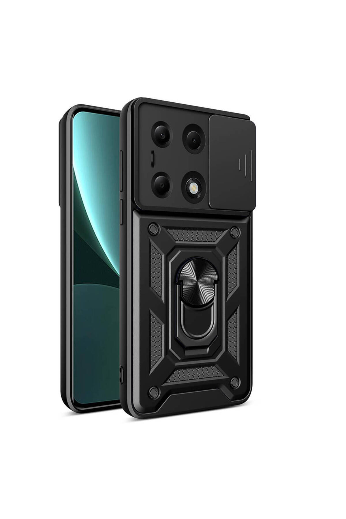 Xiaomi Poco M6 Pro 4G Kapak Lens Sürgülü Kamera Korumalı Yüzüklü Stantlı Tank Kılıf - Siyah