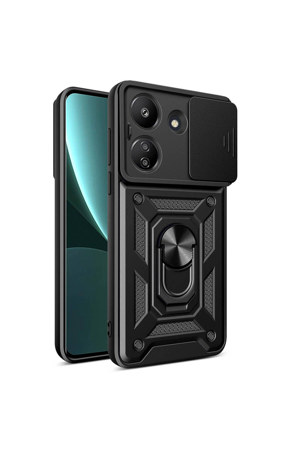 Xiaomi Poco C65 Kapak Lens Sürgülü Kamera Korumalı Yüzüklü Stantlı Tank Kılıf - Siyah