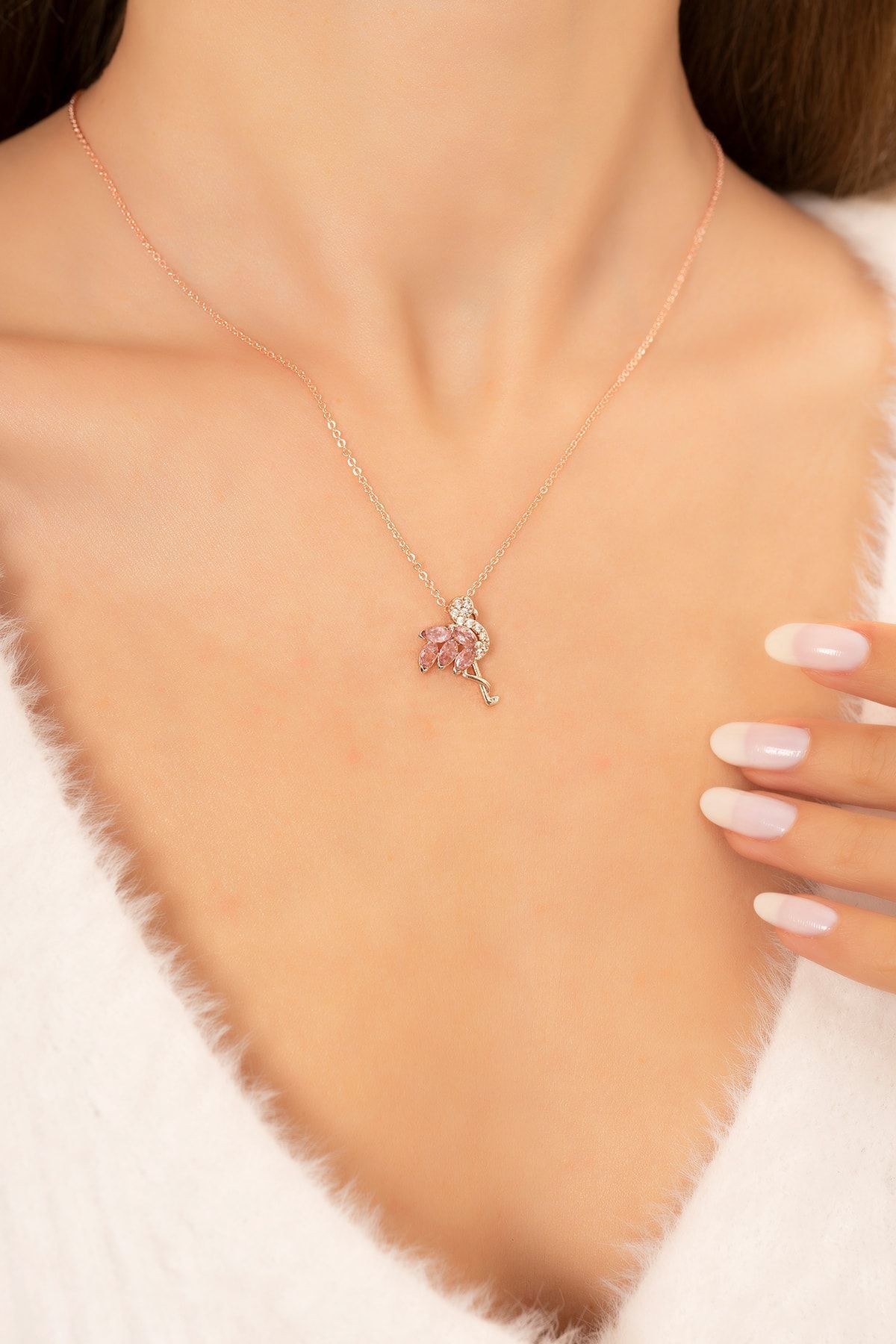 Eva Jewelry Flamingo Model Pembe Taşlı 14k Rose Gold Kaplama Kadın Kolye görsel 2