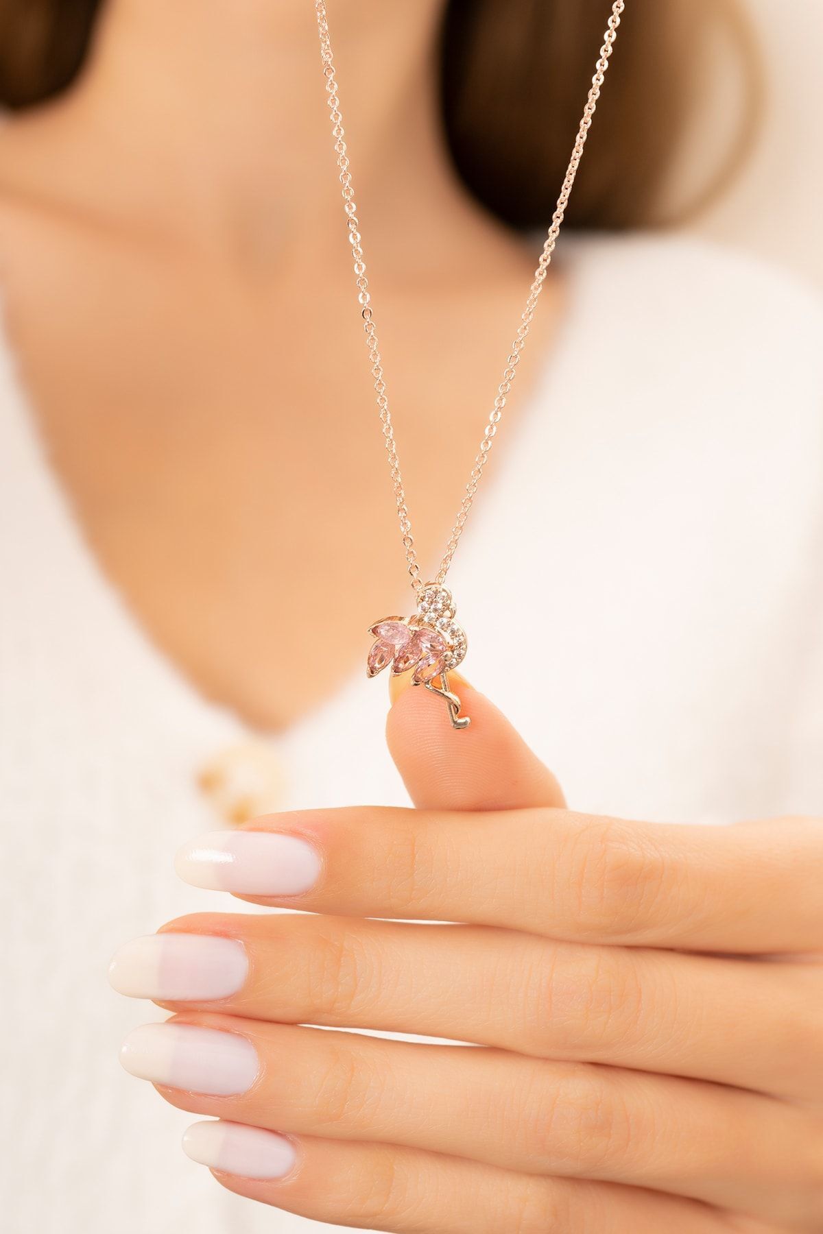 Eva Jewelry Flamingo Model Pembe Taşlı 14k Rose Gold Kaplama Kadın Kolye görsel 3