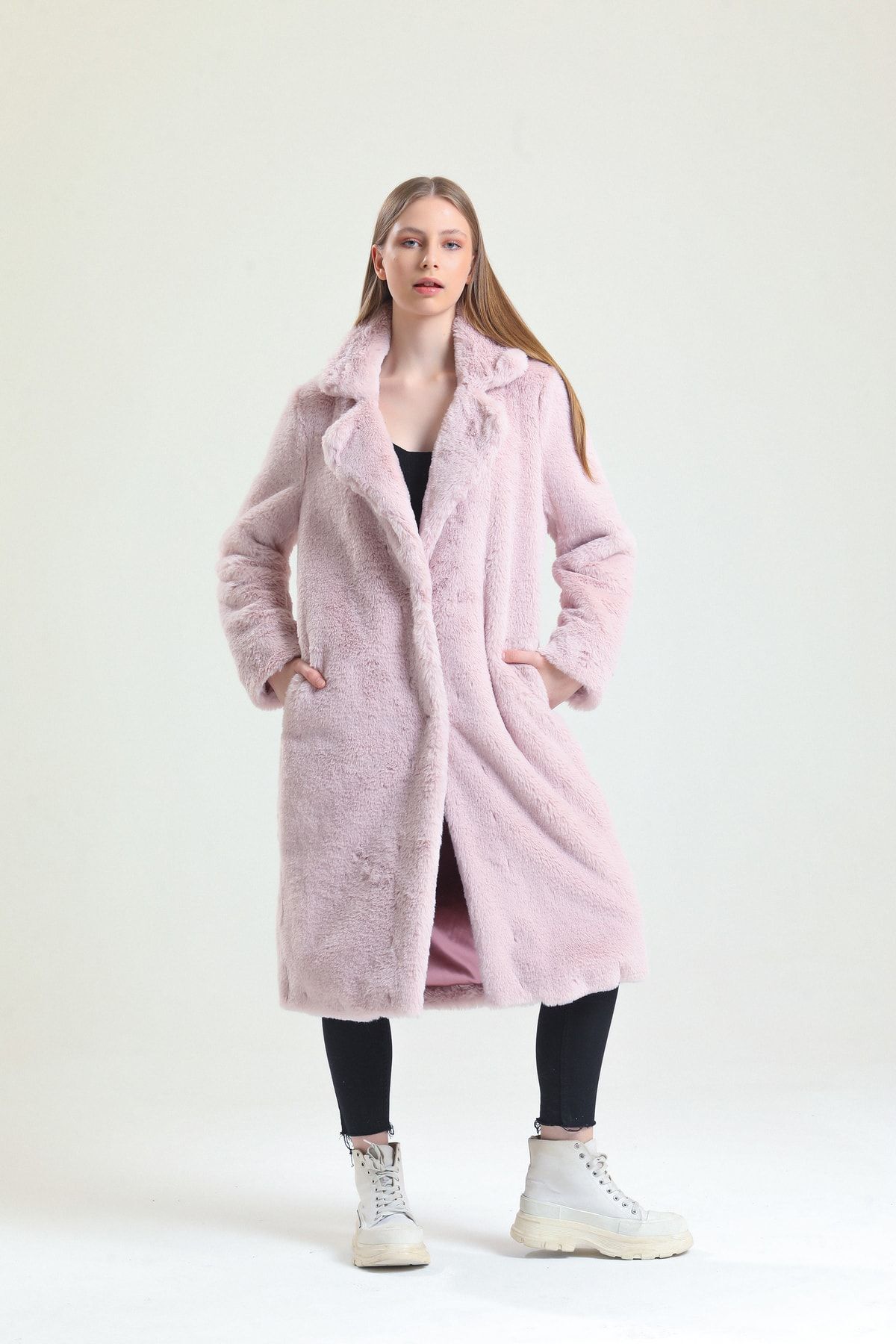 KürkZone  Kadın Gül Kurusu Ingiliz Yaka Mavi Rex Panda Kürk Peluş Manto - Görsel 3