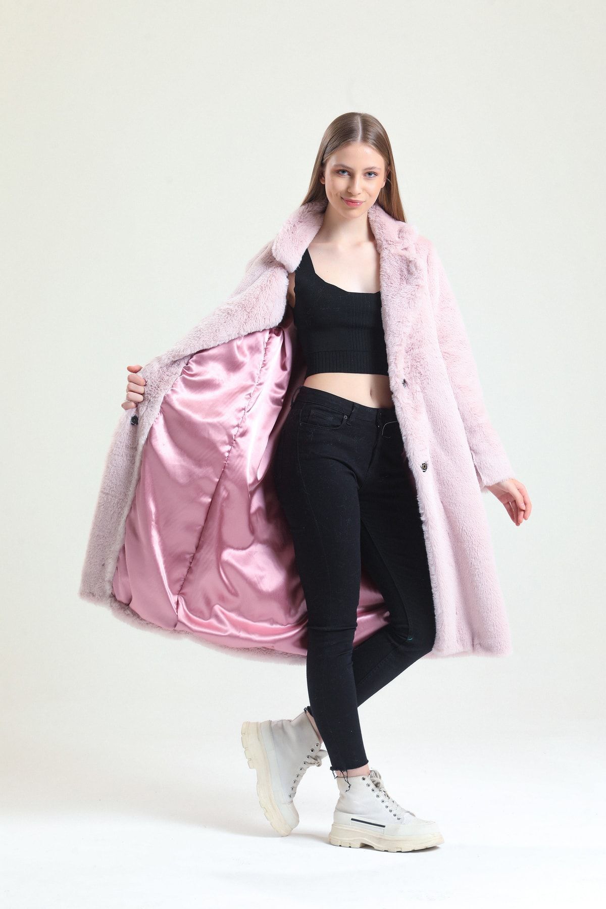 KürkZone  Kadın Gül Kurusu Ingiliz Yaka Mavi Rex Panda Kürk Peluş Manto - Görsel 5