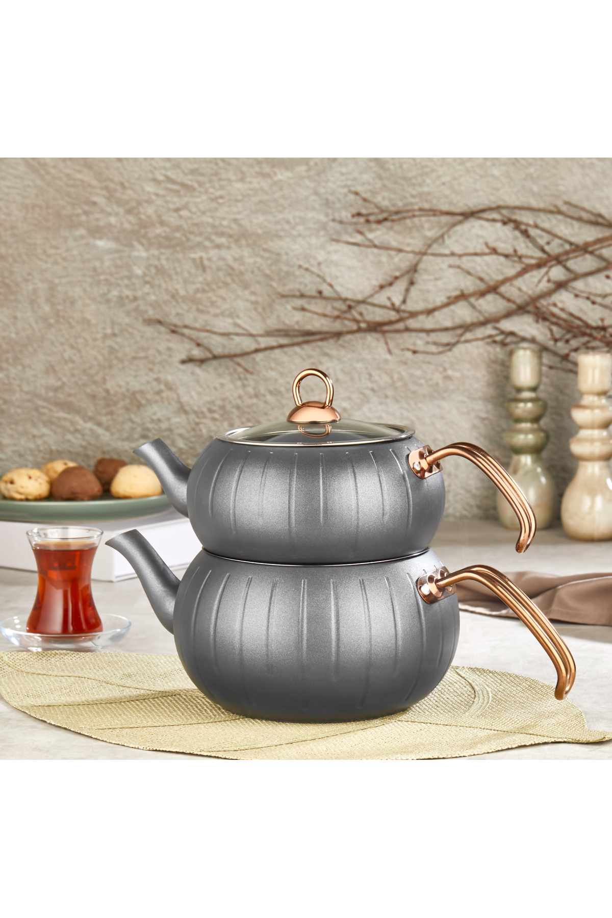 Meridian - 8218 - 4 Pieces, (Upper; 1,6 Lt. - Bottom; 3.0 Lt.) Bio Granite, Teapot Set L Size, Anthracite