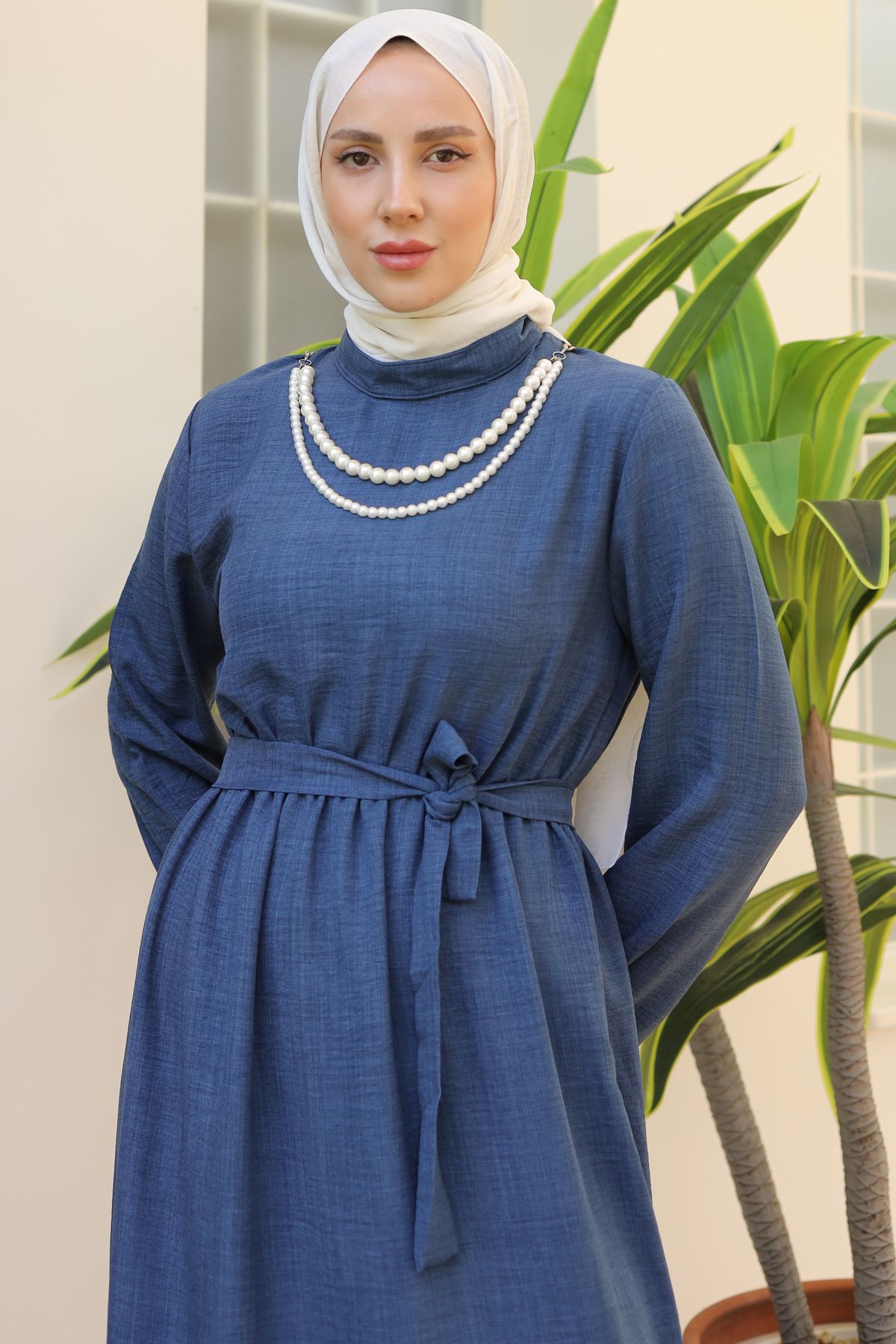 benguen-4034 Rochie din in indigo - Detaliu perla 2