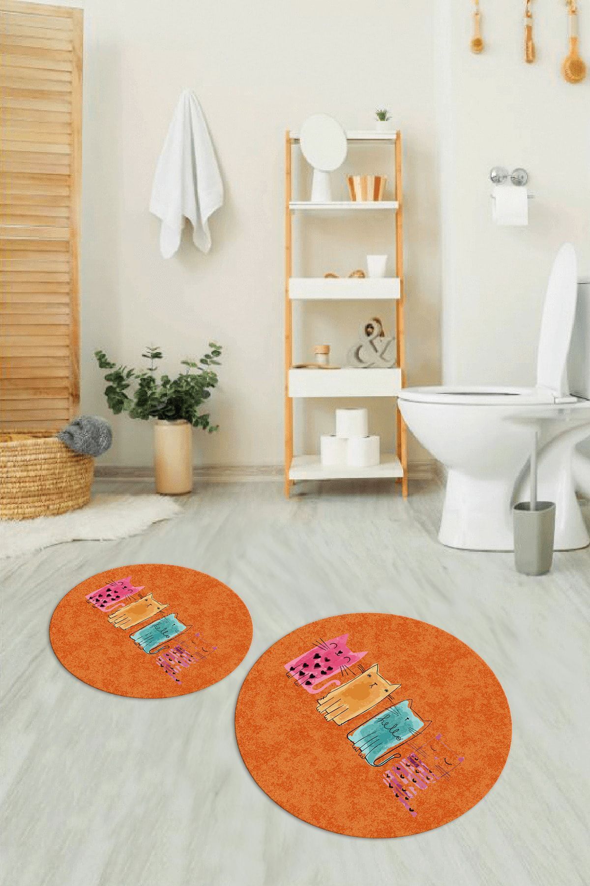 Alkilim-طقم حمام مزدوج دائري مطبوع رقميًا غير قابل للانزلاق وقابل للغسل على شكل قطة، N-Y-KLOZET-41-ORANGE، 5