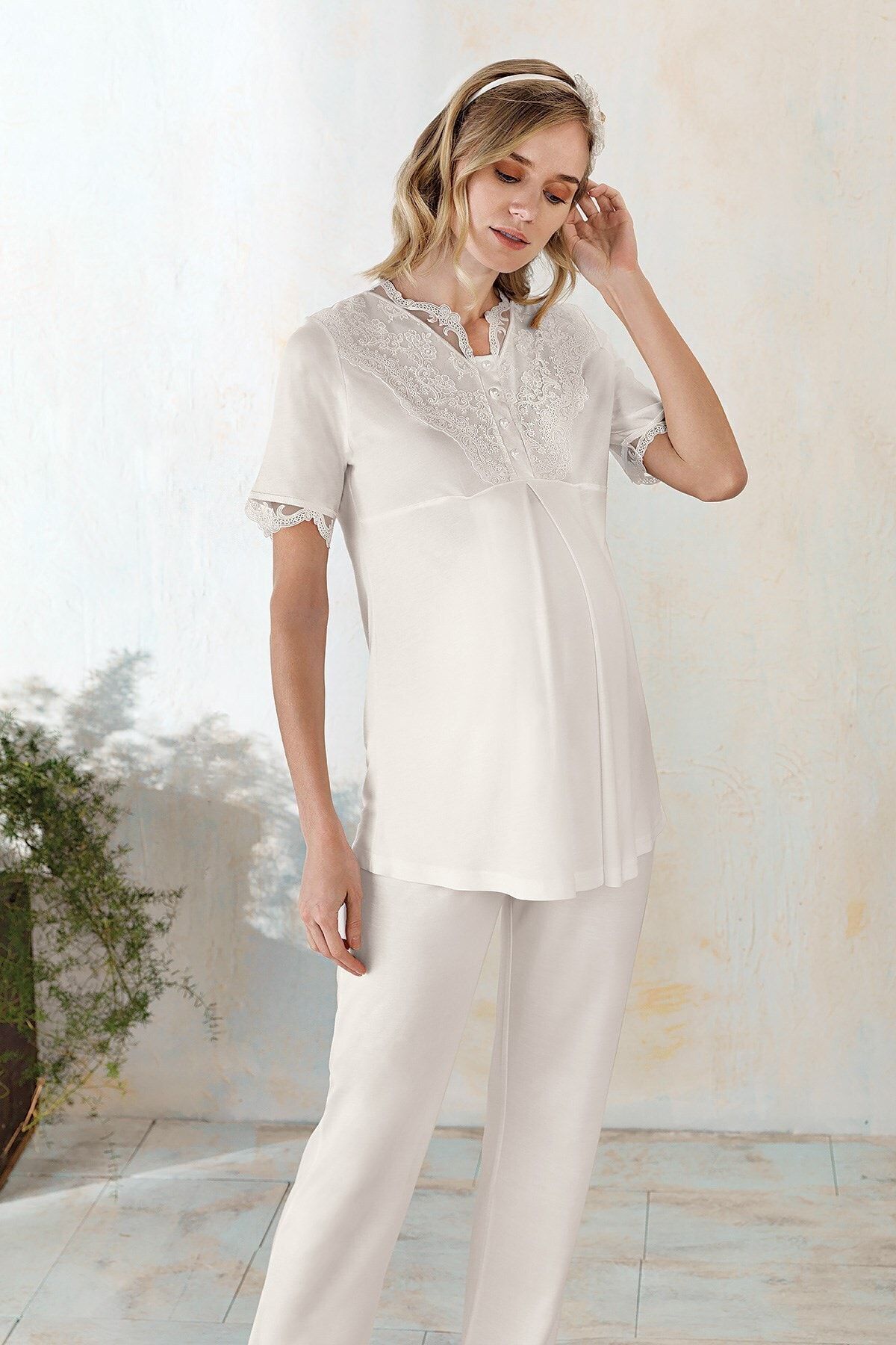 Fantasy 1115 Irene Ekru Sabahlıklı Lohusa Pijama Takımı Kadın Giyim