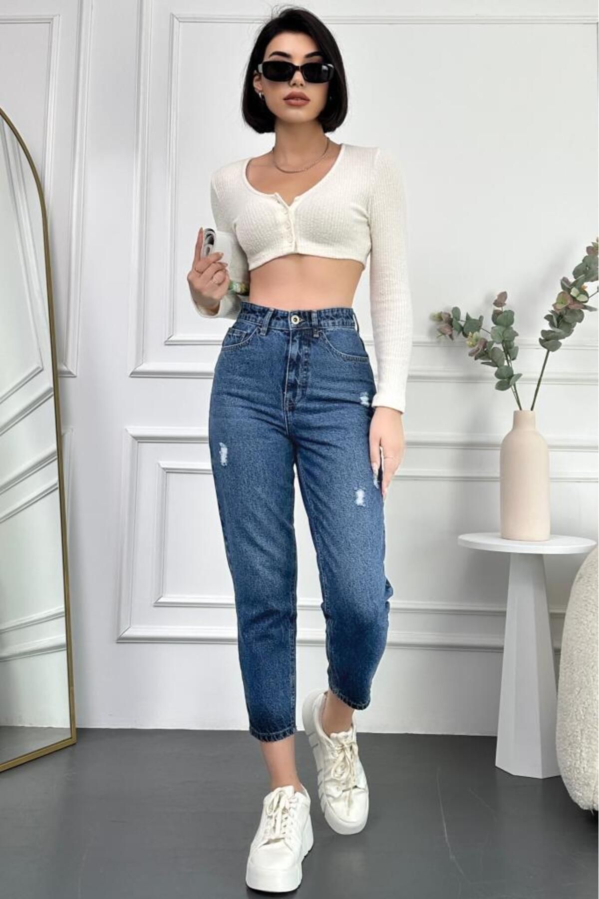 HLT JEANS Синие потертые женские джинсы-бойфренды из лайкры с высокой талией Гибкие джинсовые брюки Mabel MABEL