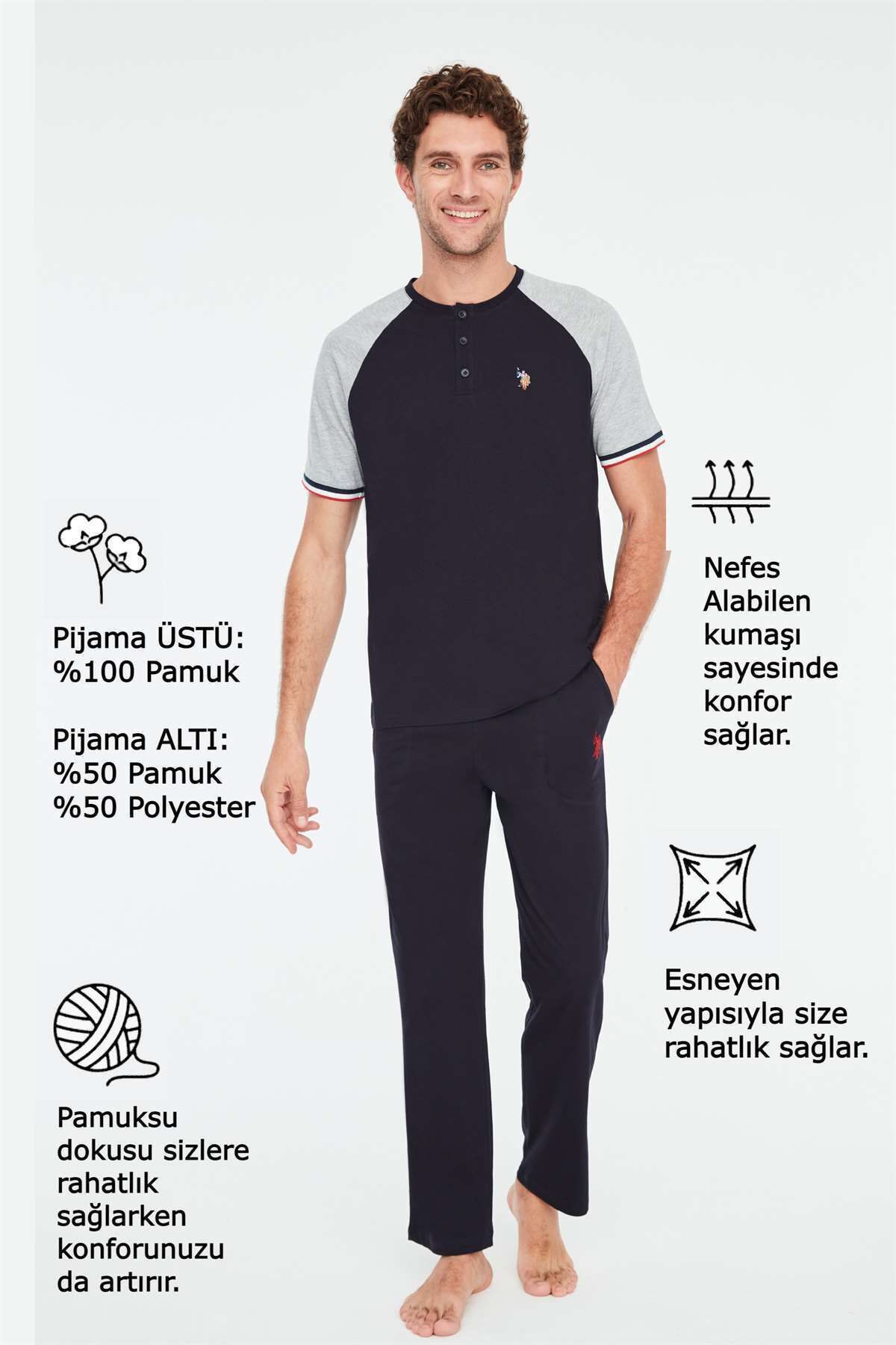 ست پیژامه آبی مردانه لباس خواب سرمه ای U.S. Polo Assn.