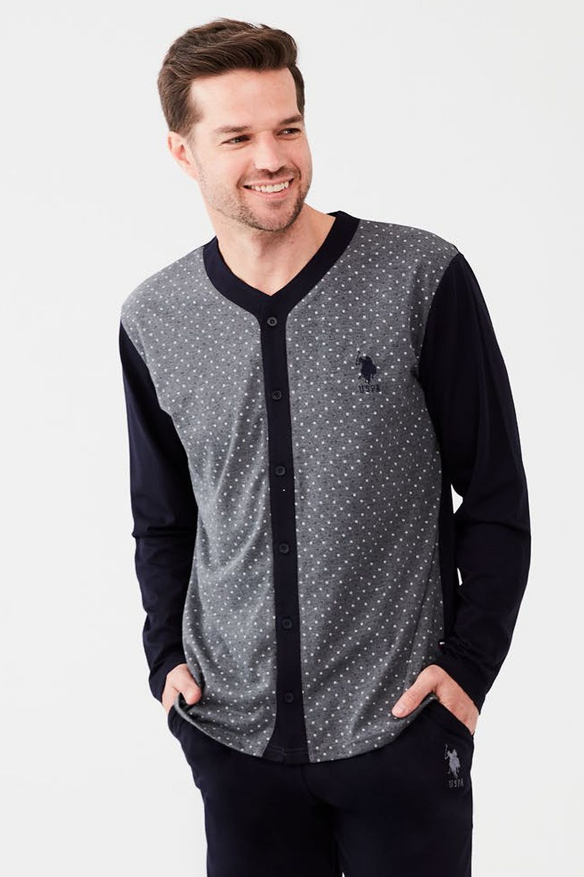 ست پیژامه خاکستری مردانه لباس خواب تمام قد آنتراسیت ملانژ U.S. Polo Assn.