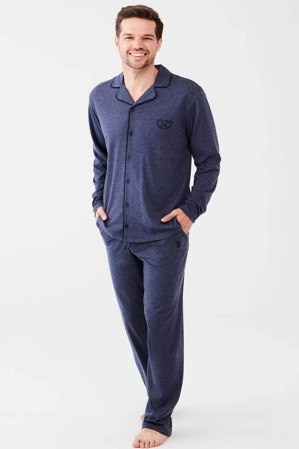 ست پیژامه آبی مردانه لباس خواب تمام جلو ملانژ سرمه ای U.S. Polo Assn.