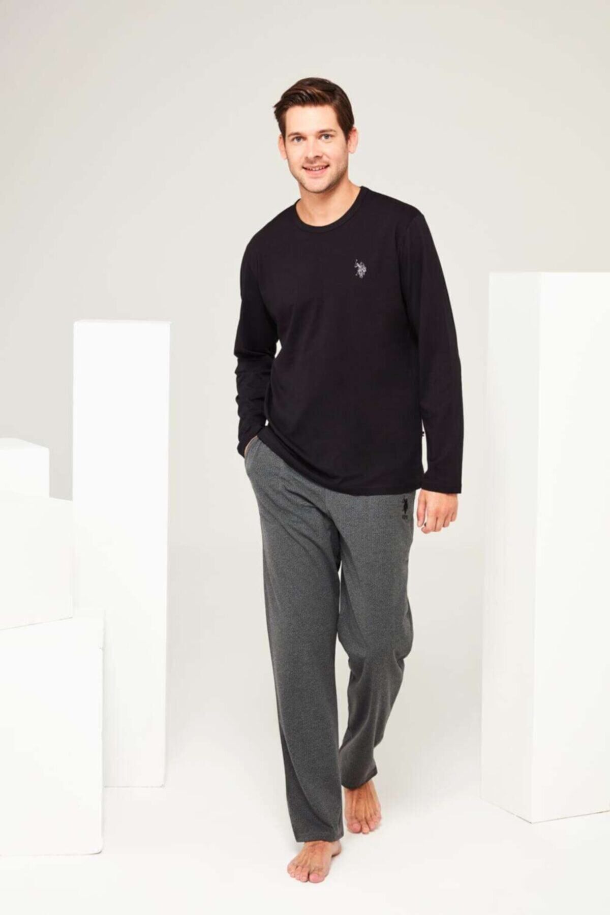 ست پیژامه مشکی مردانه لباس خواب یقه گرد U.S. Polo Assn.