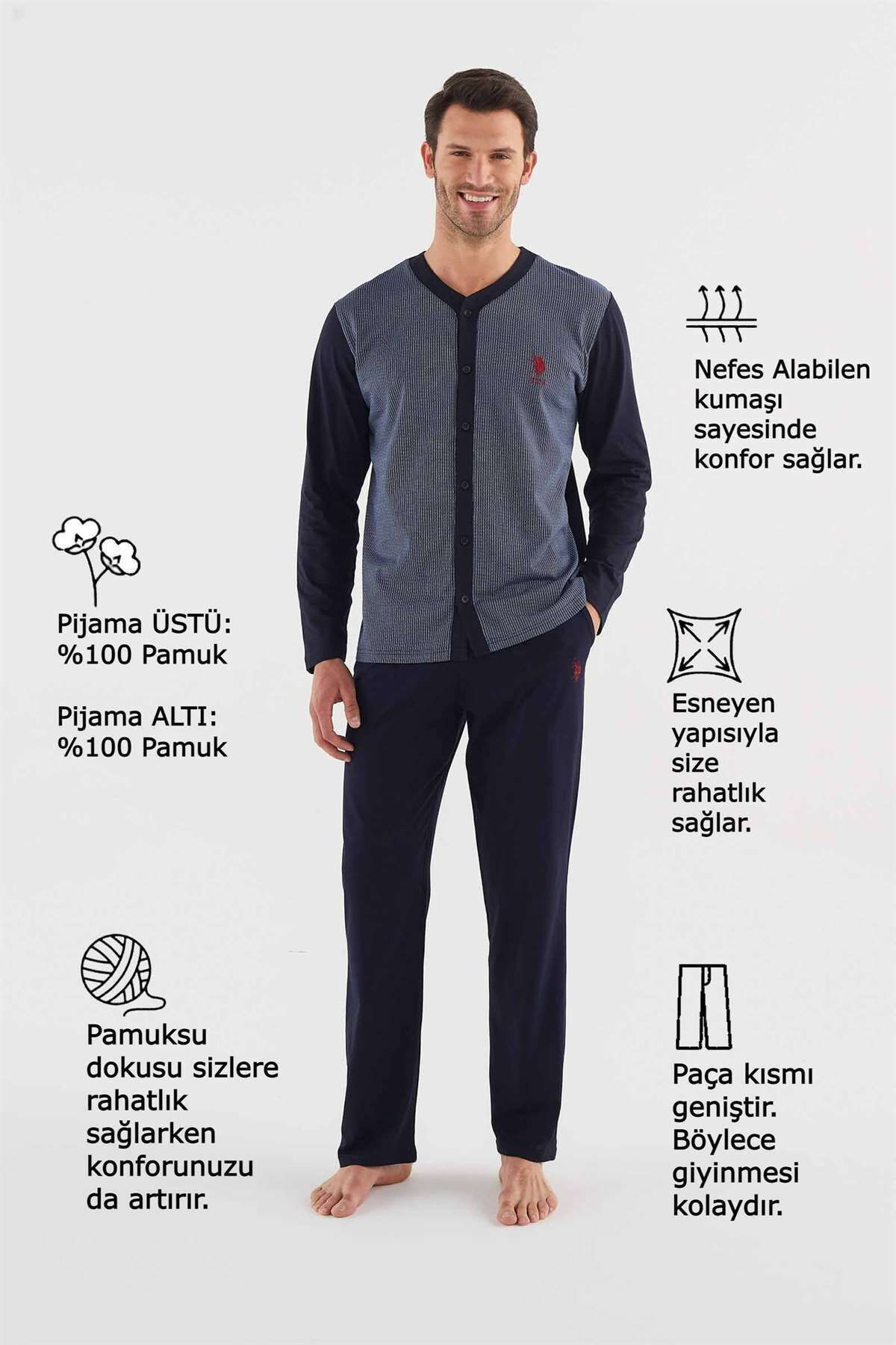 ست پیژامه آبی مردانه لباس خواب تمام قد سرمه ای U.S. Polo Assn.