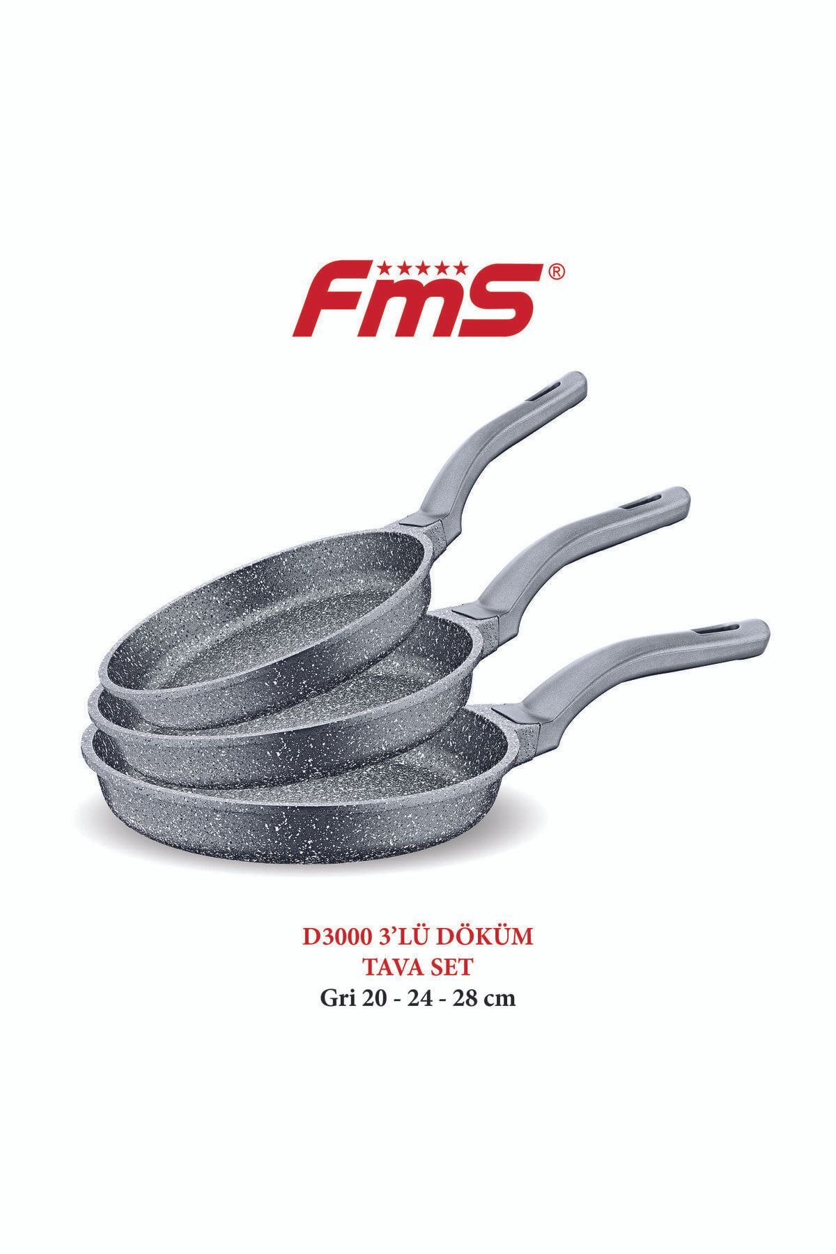 D3000 3-Piece Cast Iron Pan Set Gray | Granite Coating | Durable & Non-Stick 20-24-28Cm