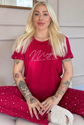 Pijamaevi Bordo Magic Desenli Bambu Kısa Kol Kadın Pijama Takımı