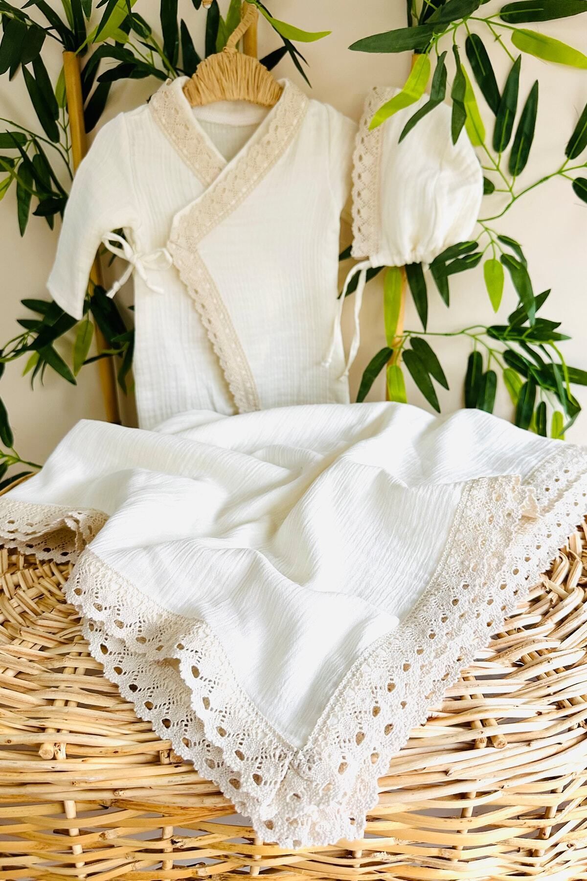 esila aksesuar Organik Dantelli Tulum Şapka Battaniye