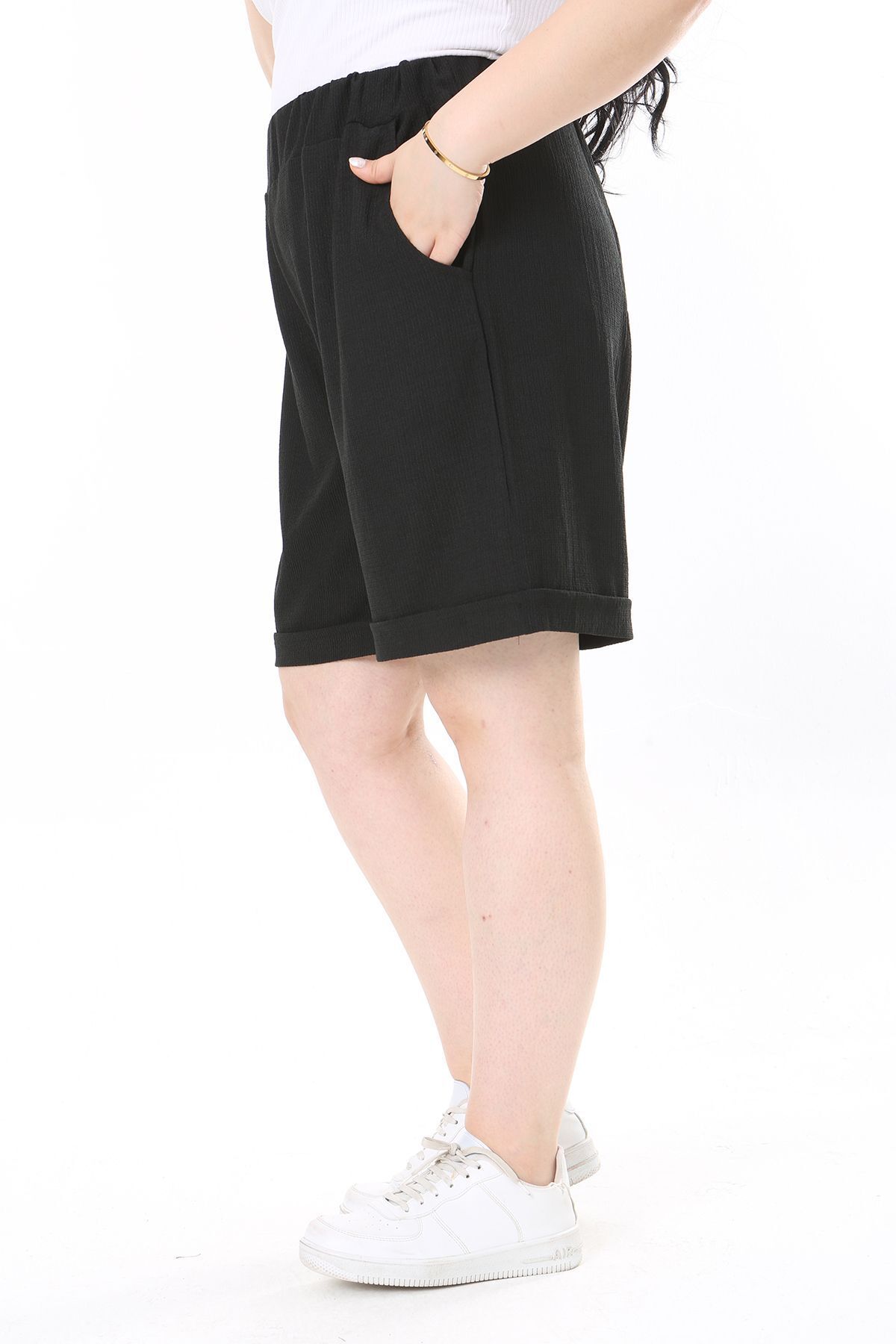Şans-Large Size Black Wrap Shorts with Side Pockets - Elastic Waist 65N37979 6