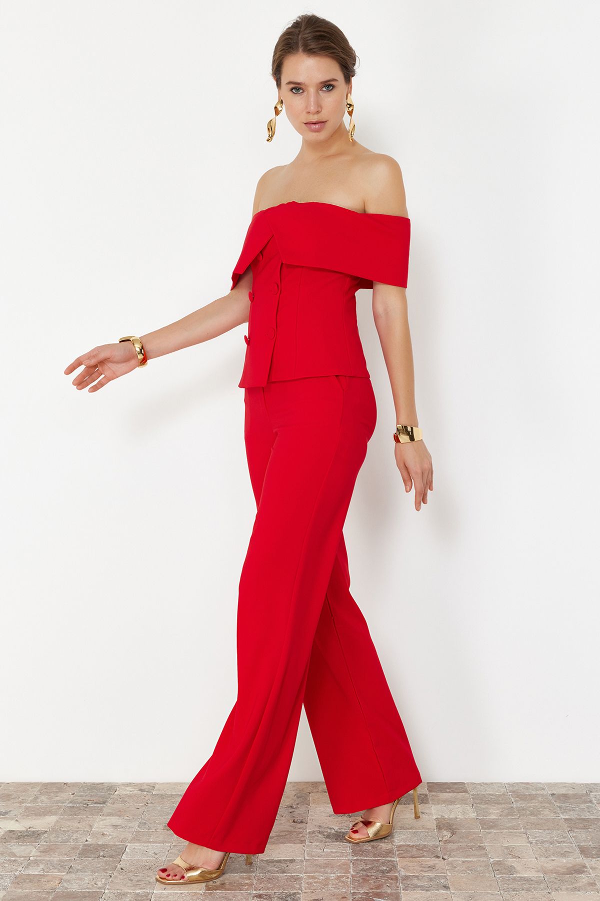 Trendyol Collection Červená tkaná stylová horní a spodní sada TPRSS24AU00000