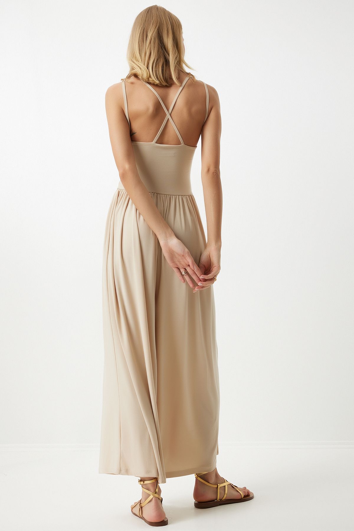 Happiness İstanbul-Cream Colored Strappy Wide Leg Summer Jumpsuit - DD01328 5