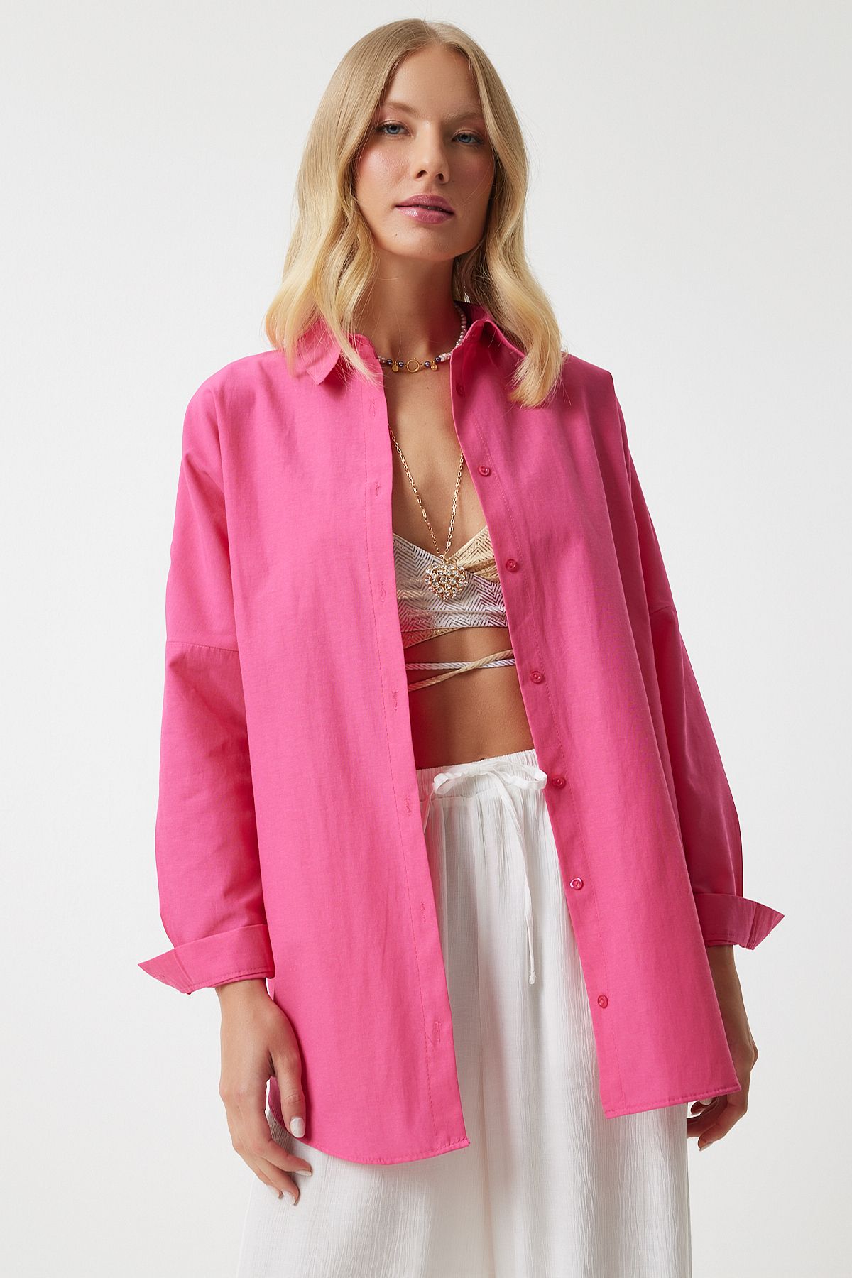 Happiness İstanbul-Dunkelrosa Oversize-Lang-Basic-Shirt für Damen DD00842 3