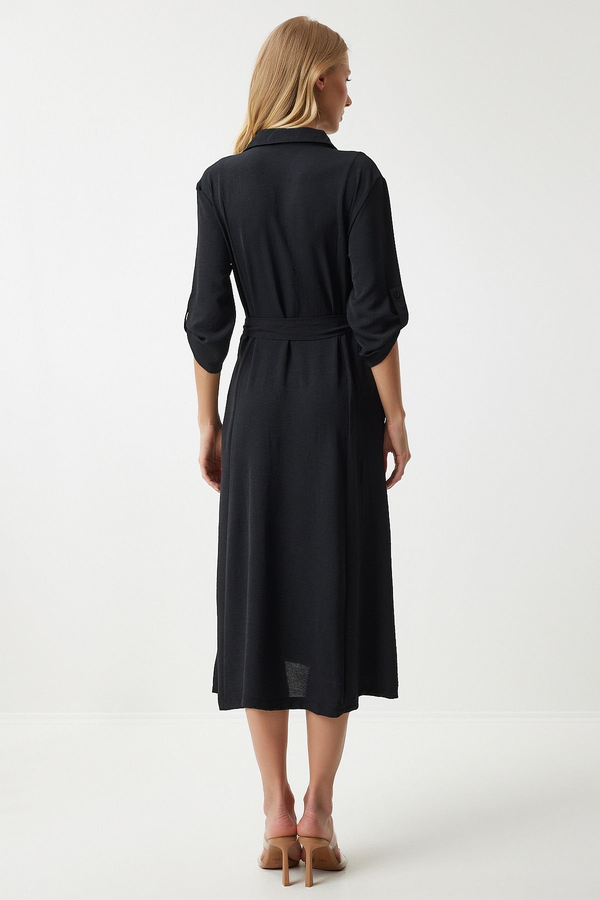 Happiness İstanbul-Schwarzes Damen-Hemdkleid mit Gürtel DD01256 8