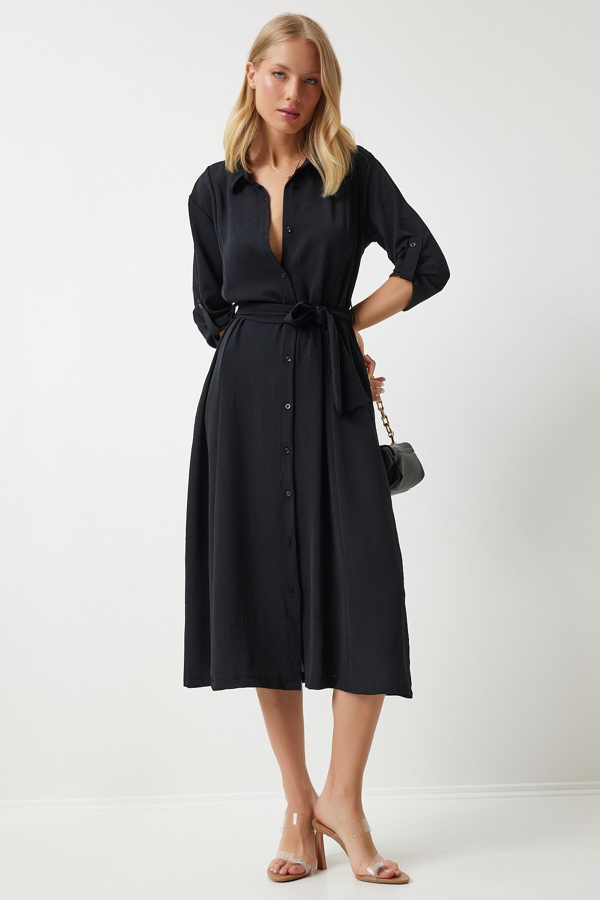 Happiness İstanbul-Schwarzes Damen-Hemdkleid mit Gürtel DD01256 6