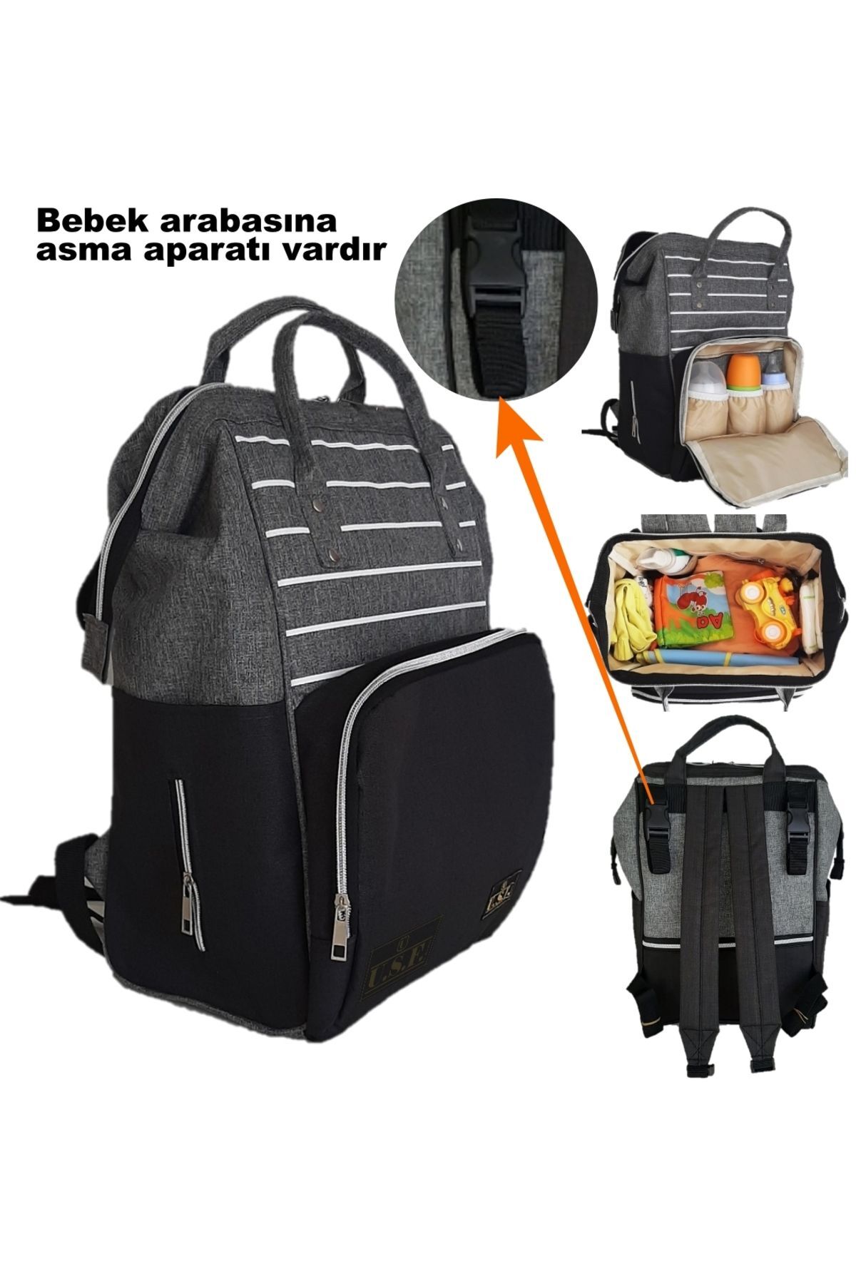 USF Ergonomik Bebek Taşıma Kangurusu Lüx Bebek Kanguru Ve Bebek Bakım Çantası 2 Li Set Çizgili Gri Siyah fotoğrafı 4 (önizleme)