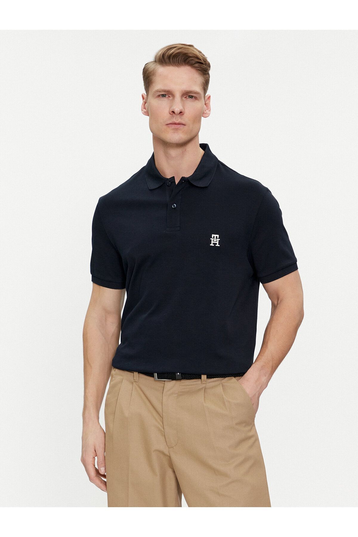 تی شرت یقه پولو آبی مردانه بافندگی روزانه پیراهن چوگان Navy Blue Collar MW0MW34783 DW5 Tommy Hilfiger