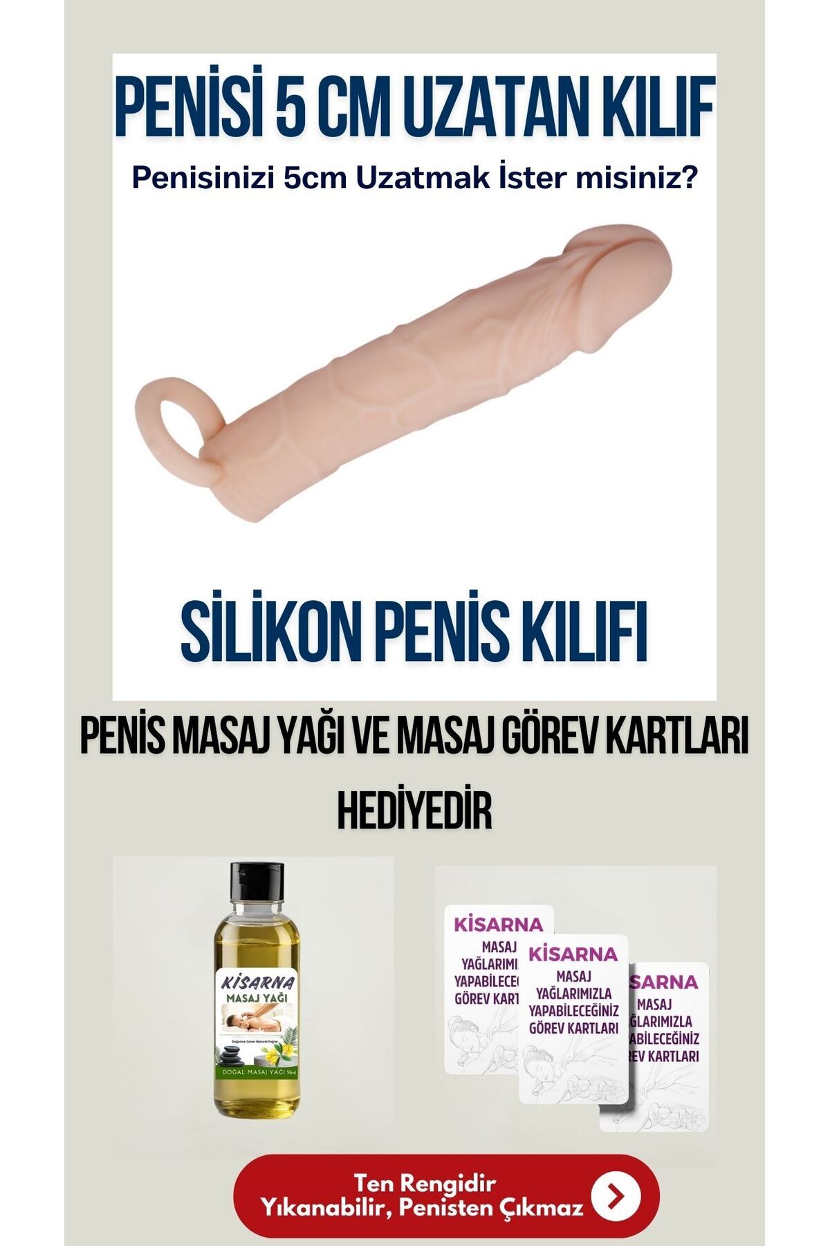 Dolgulu 5 Cm Uzatıcı Penis Kılıfı Masaj Yağı Ve Görev Kartlı Set
