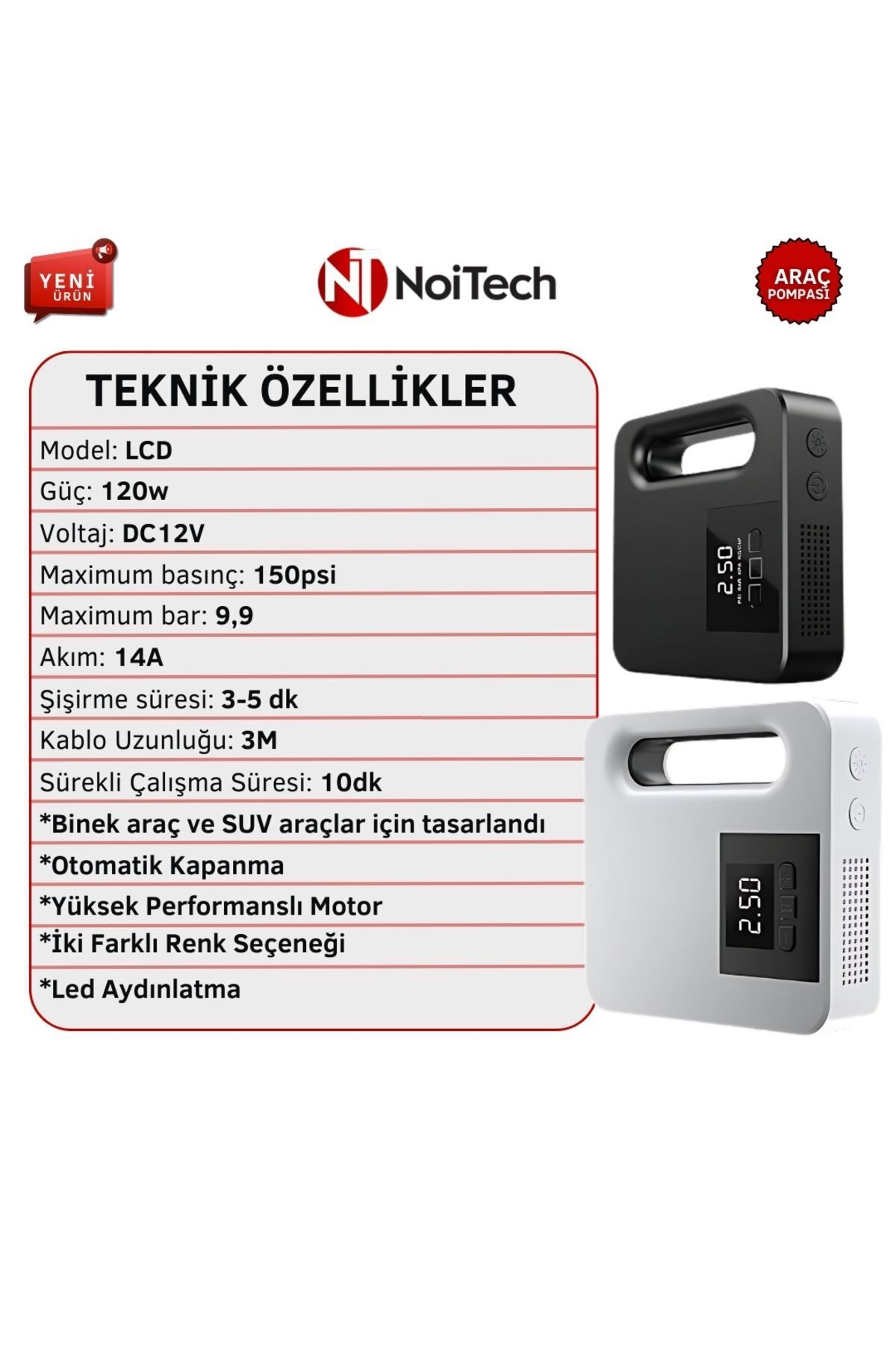 Noitech Dijital Ekranlı Led Işıklı 150psi Lastik Şişirme Pompası Hava ...