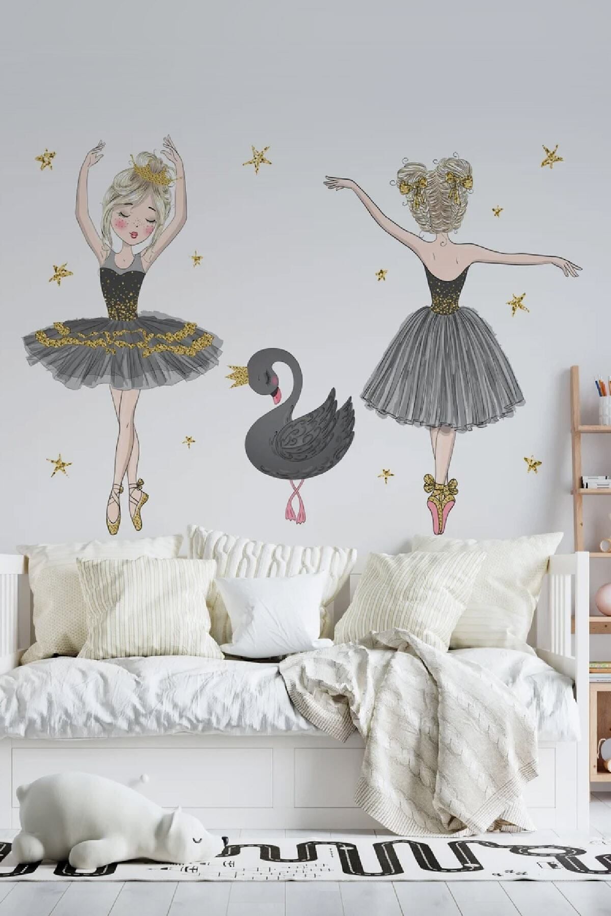 Girl's Room Gray Ballerinas Swan And 90 Stars Girl's Room Wall Stickers Set